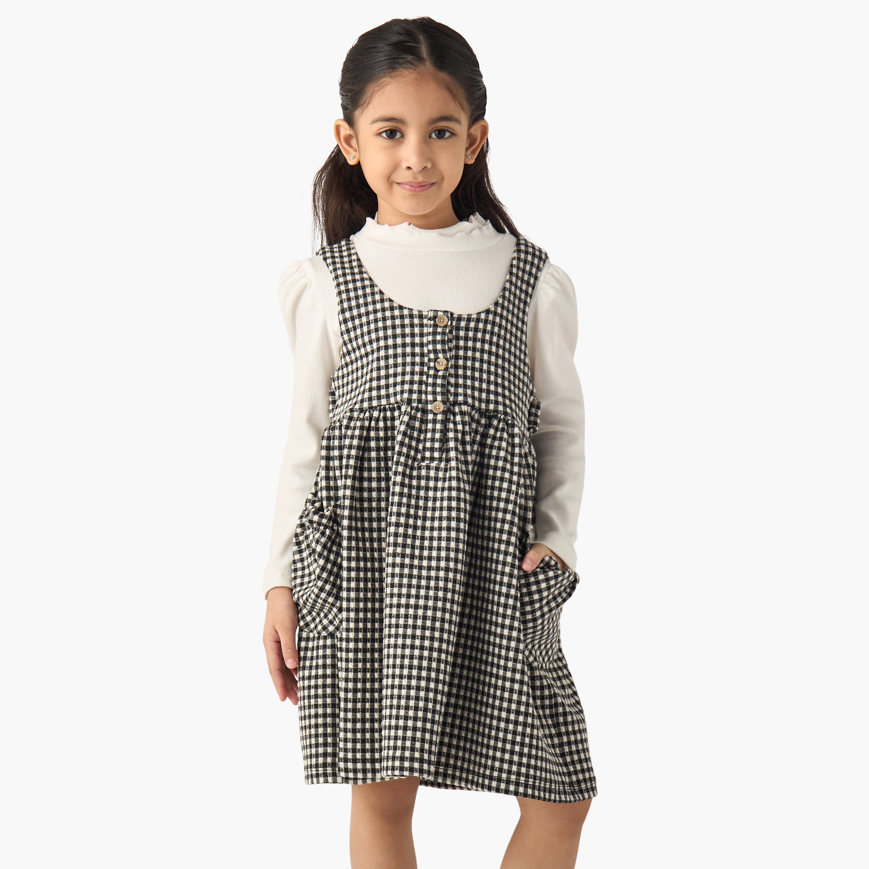 Lee Cooper Solid Long Sleeves T-shirt and Checked Pinafore Set-girls-clothing-setsandcoords-image-2