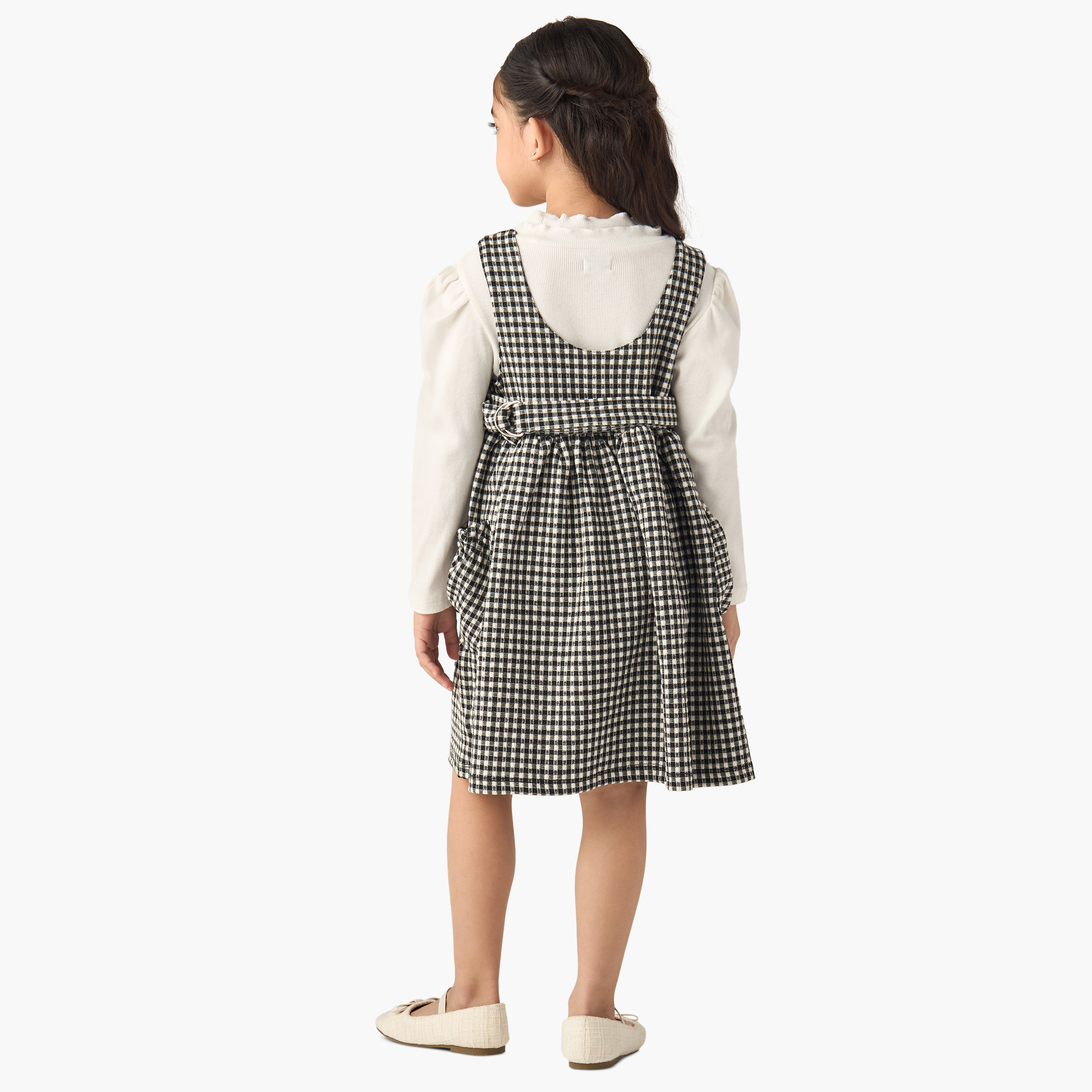 Lee Cooper Solid Long Sleeves T-shirt and Checked Pinafore Set-girls-clothing-setsandcoords-image-3