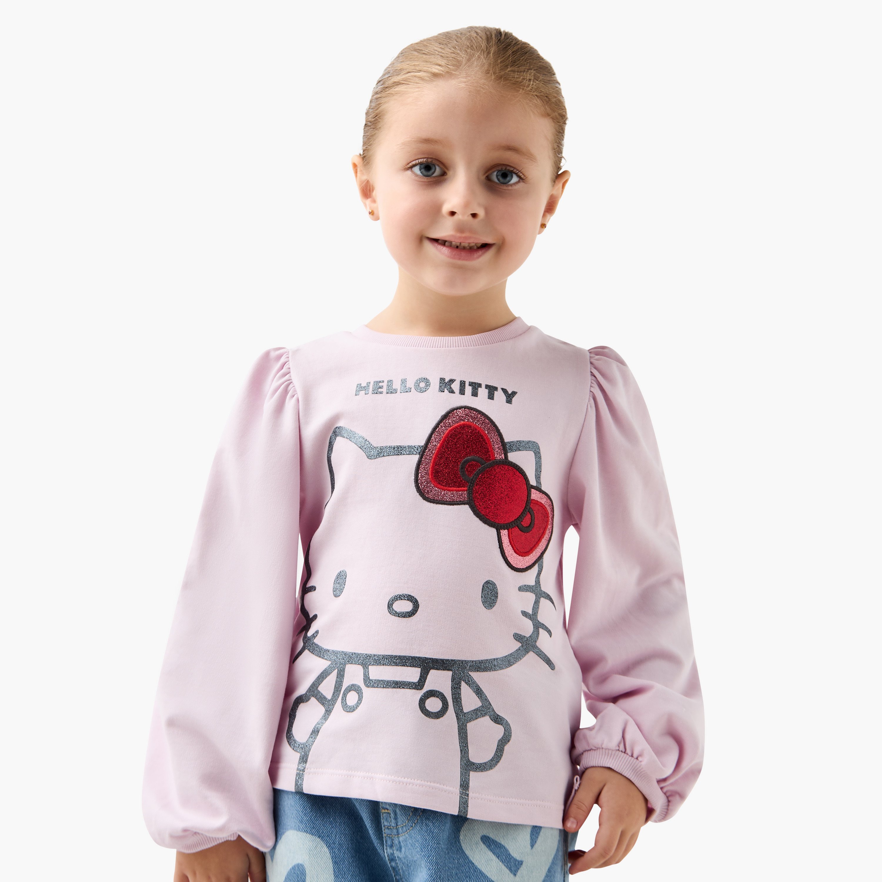 Sanrio Hello Kitty Glitter Print T-shirt with Long Puff Sleeves-girls-clothing-tshirts-image-1