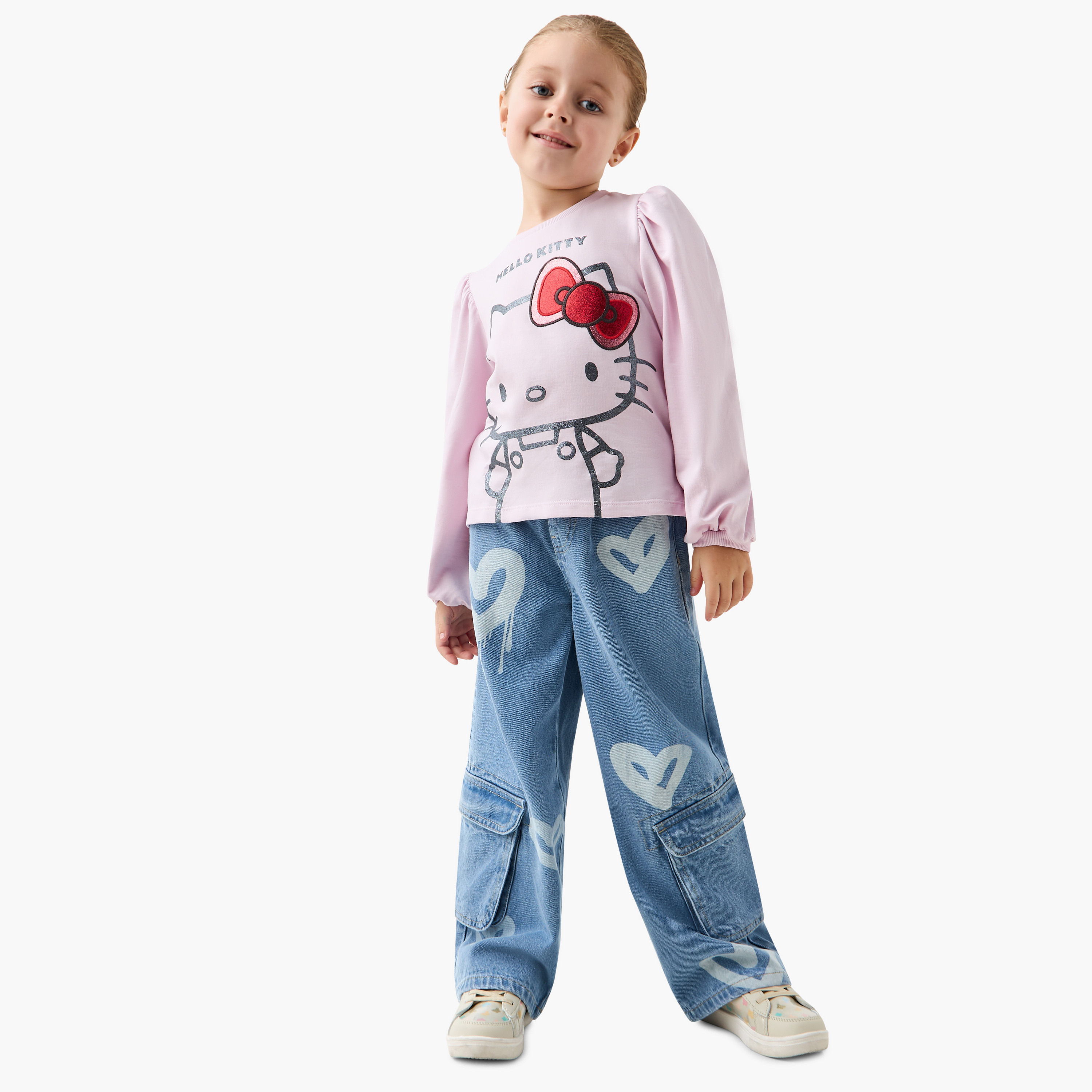 Sanrio Hello Kitty Glitter Print T-shirt with Long Puff Sleeves-girls-clothing-tshirts-image-2