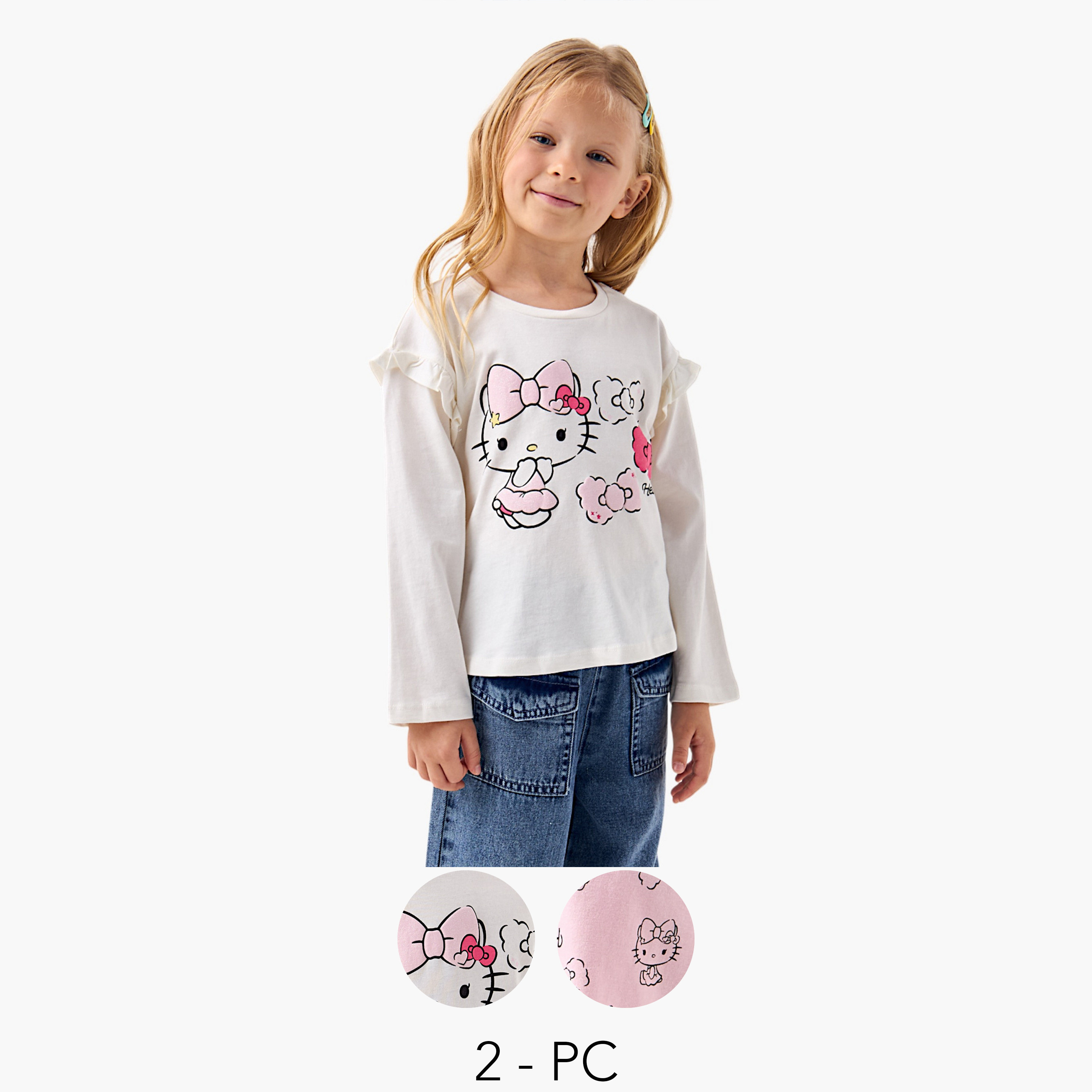 تيشيرتات بياقة ضيقة وأكمام طويلة وطبعات من سانريو - طقم من قطعتين-girls-clothing-tshirts-image-1