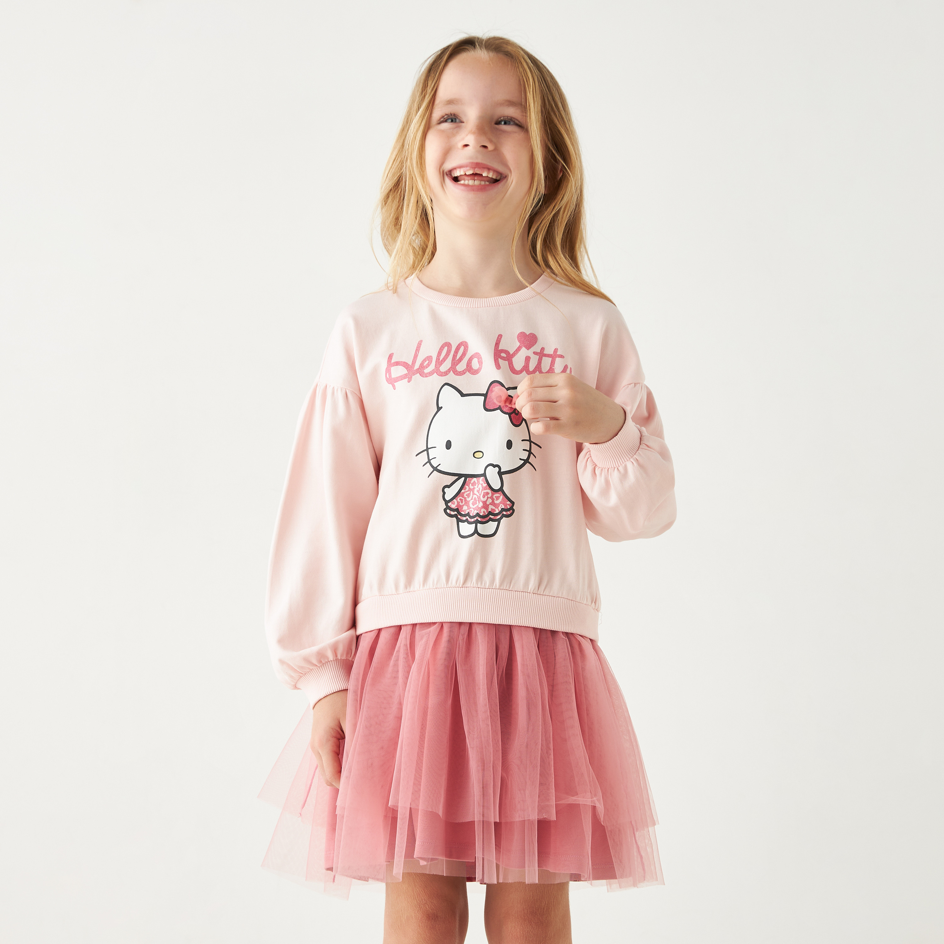 فستان بأكمام طويلة وطبقات تول وطبعات هالو كيتي من سانريو-girls-clothing-dressesandjumpsuits-image-1