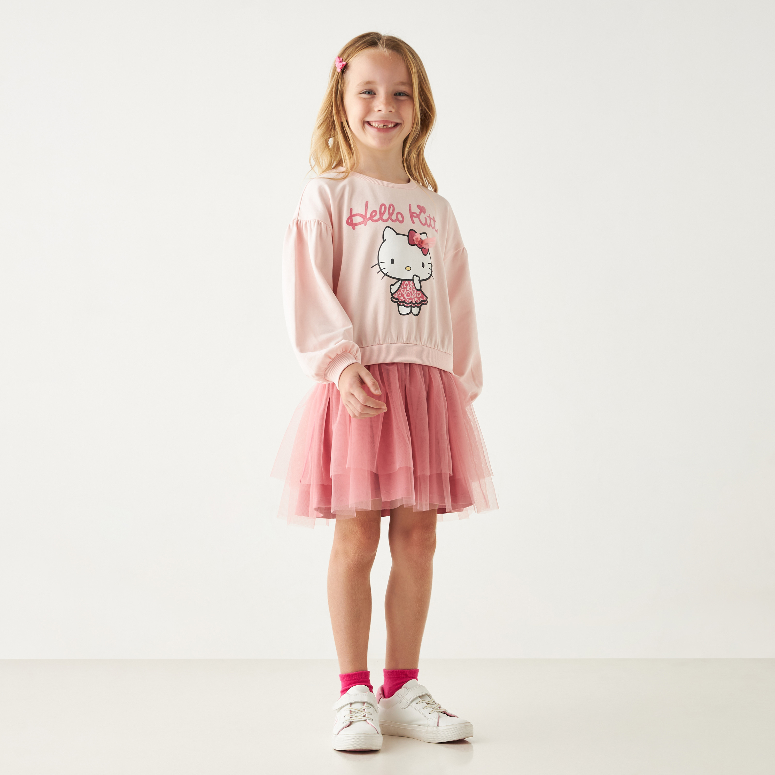 فستان بأكمام طويلة وطبقات تول وطبعات هالو كيتي من سانريو-girls-clothing-dressesandjumpsuits-image-2