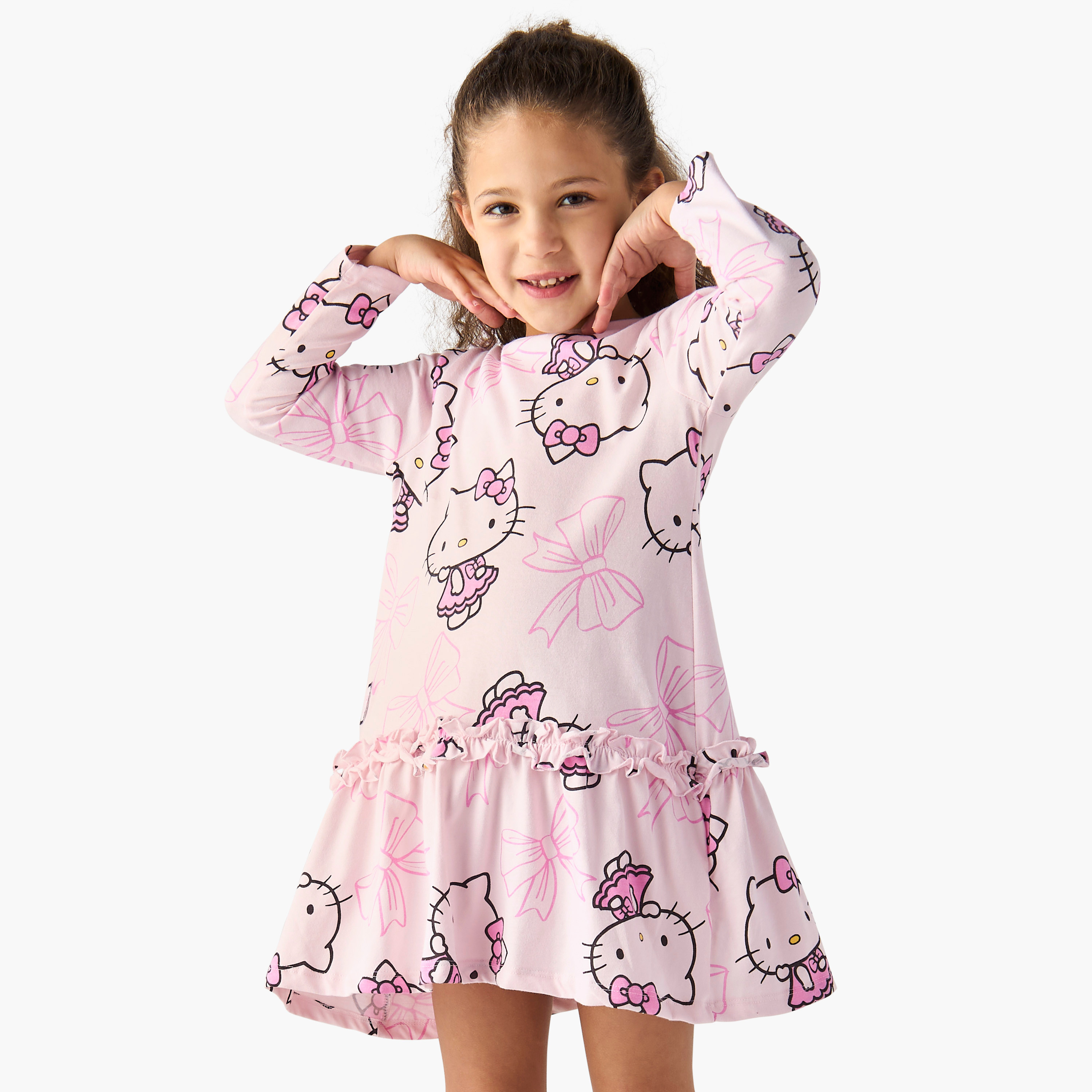 Sanrio All-Over Hello Kitty Print Long Sleeves A-line Dress with Ruffle Detail-girls-clothing-dressesandjumpsuits-image-1