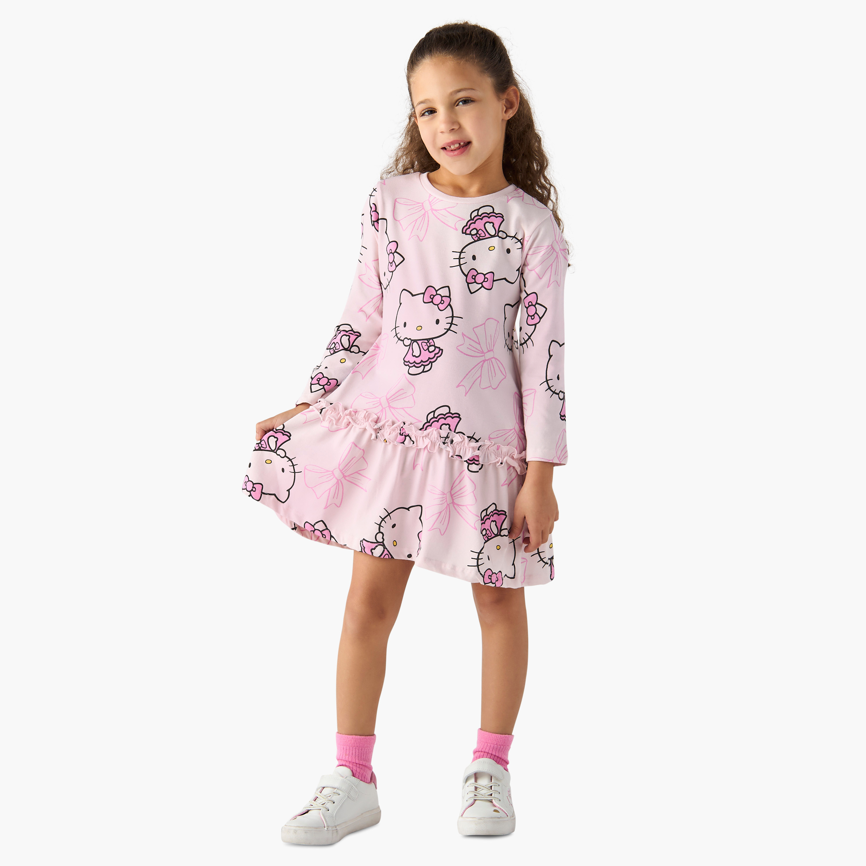 Sanrio All-Over Hello Kitty Print Long Sleeves A-line Dress with Ruffle Detail-girls-clothing-dressesandjumpsuits-image-2