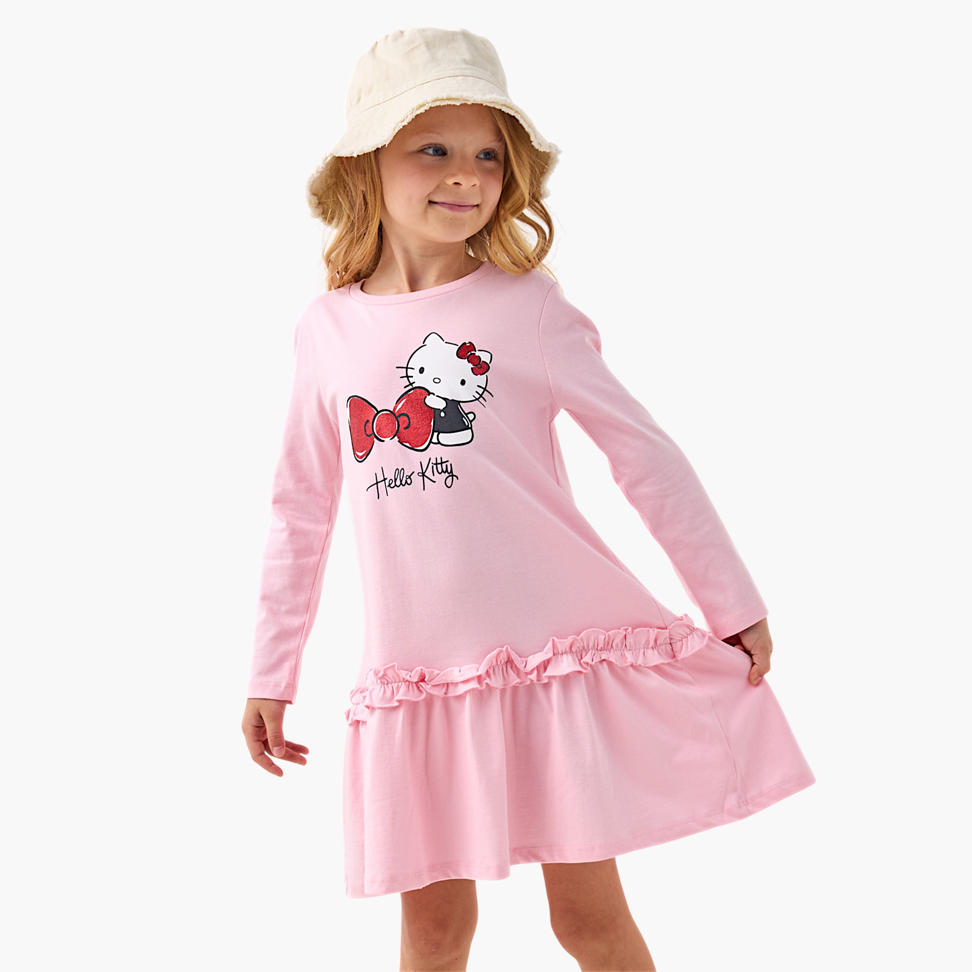 فستان بياقة ضيقة وأكمام طويلة وخصر منسدل وطبعات من سانريو-girls-clothing-dressesandjumpsuits-image-1