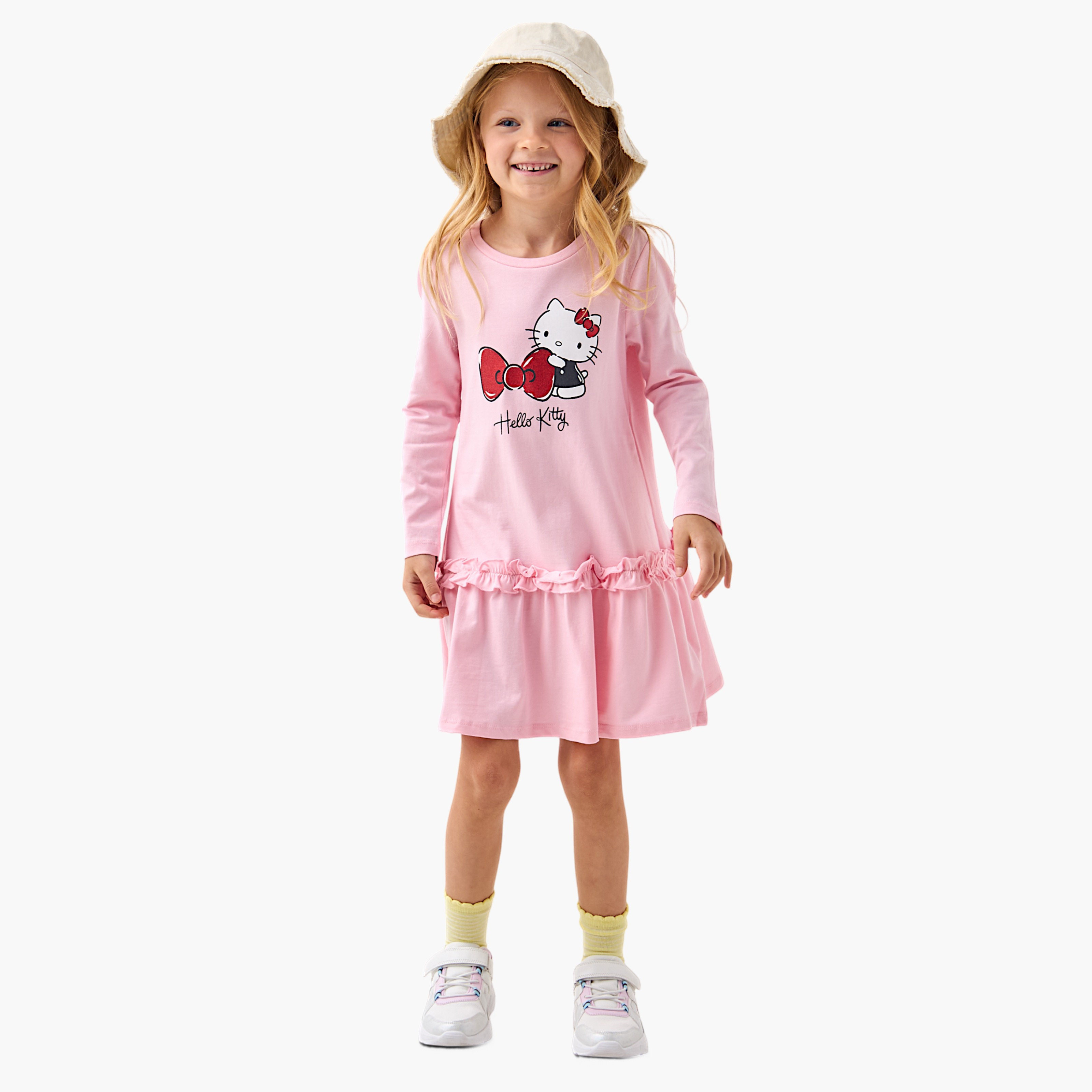 فستان بياقة ضيقة وأكمام طويلة وخصر منسدل وطبعات من سانريو-girls-clothing-dressesandjumpsuits-image-2