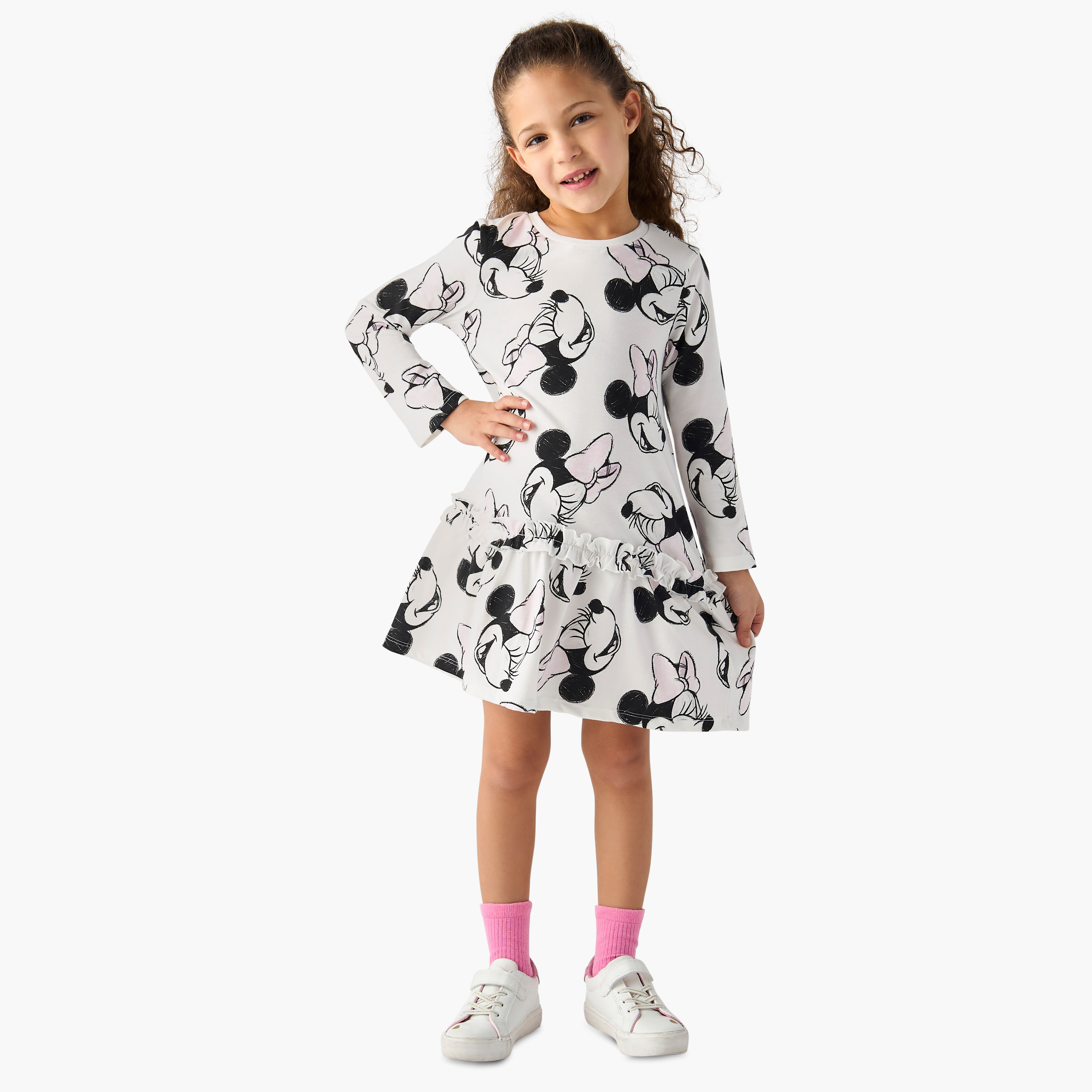فستان إيه لاين بأكمام طويلة وكشكش وطبعات ميني ماوس من ديزني-girls-clothing-dressesandjumpsuits-image-2