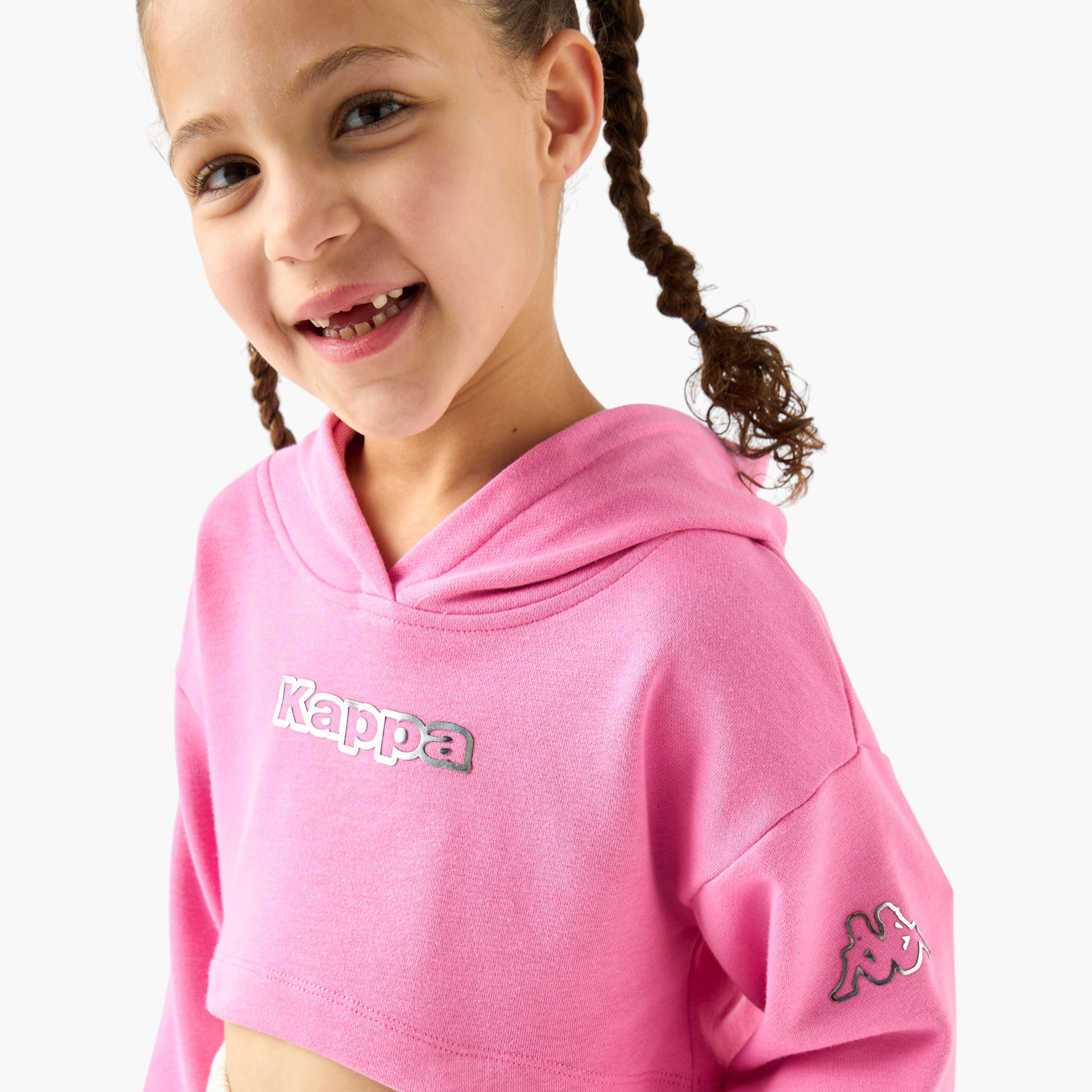 Kappa Logo Detail Cropped Hoodie T-shirt with Long Sleeves-sports-girls-clothing-tops-image-4