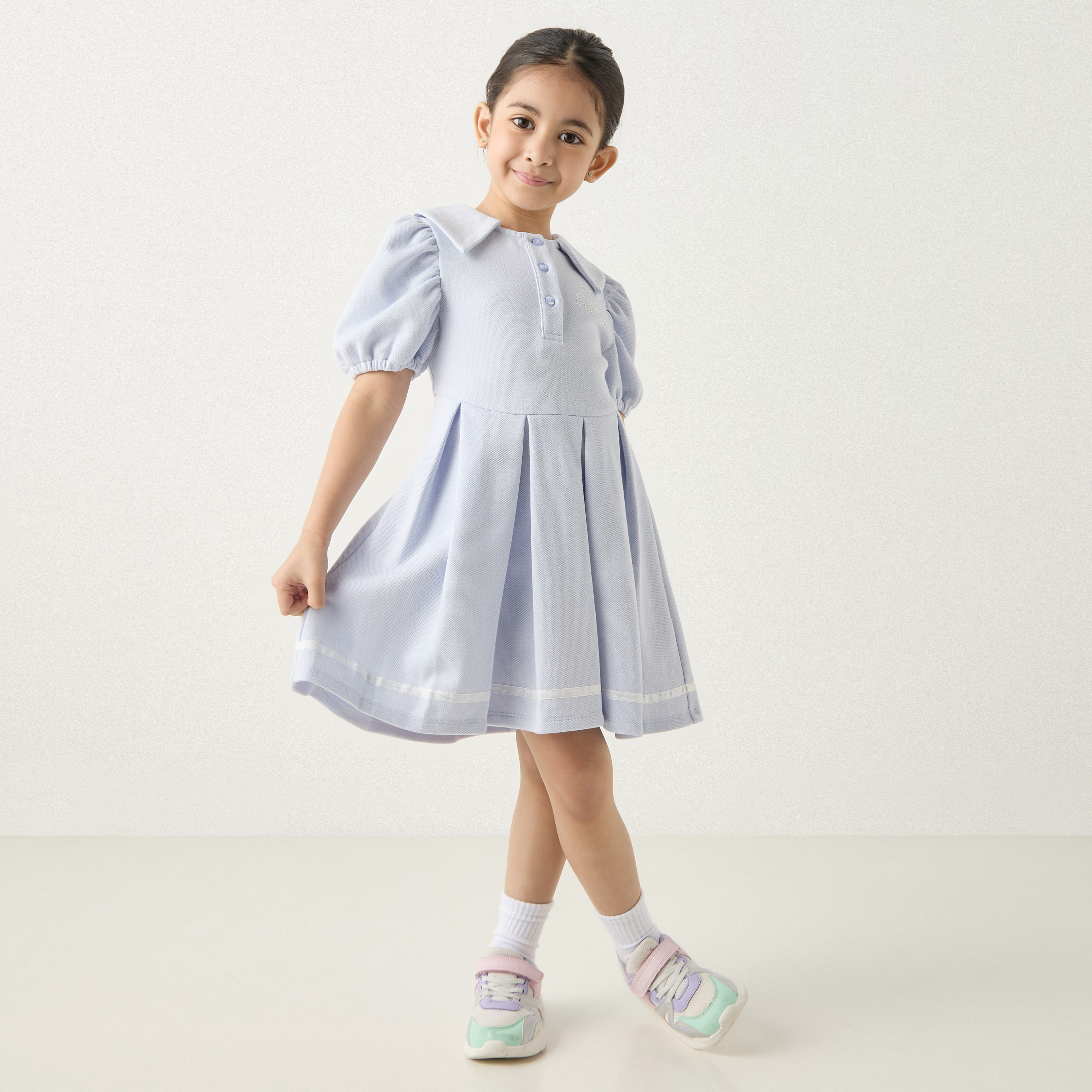 Kappa Solid Shirt Dress with Puff Sleeves and Pleat Detail-girls-clothing-dressesandjumpsuits-image-2