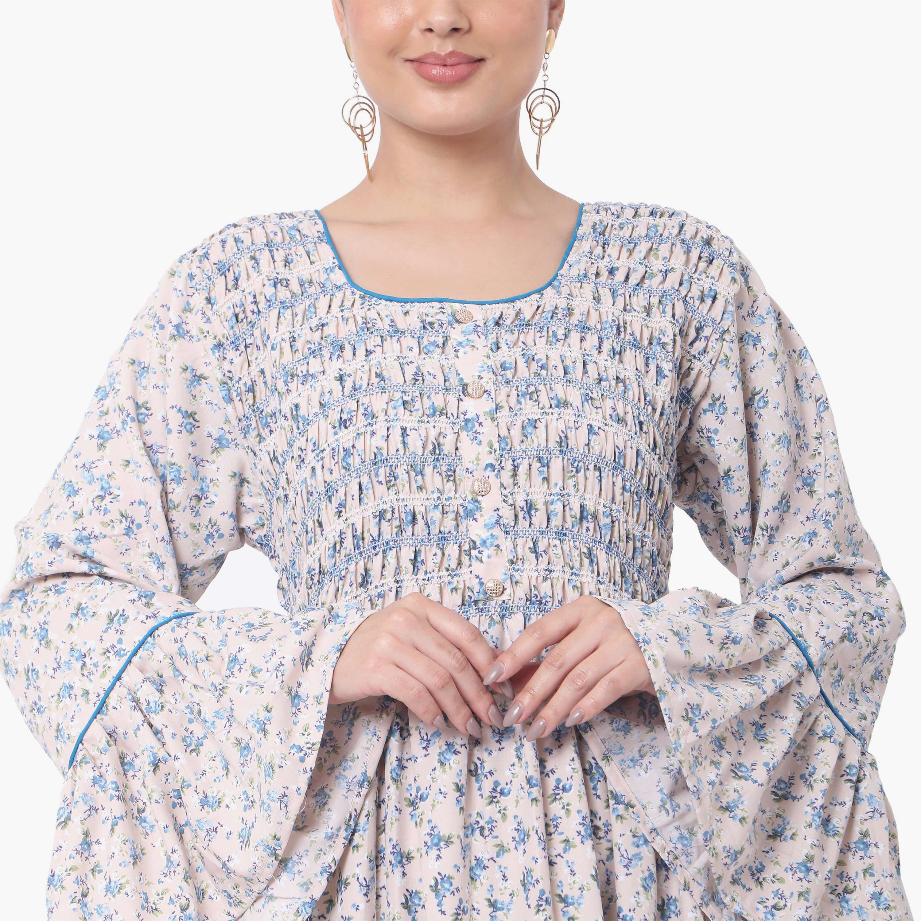 Hana & Sara Floral Scoop Neck with Smocked Detail Bell Sleeves Women's Jalabiya-women-arabicclothing-jalabiyas-image-2