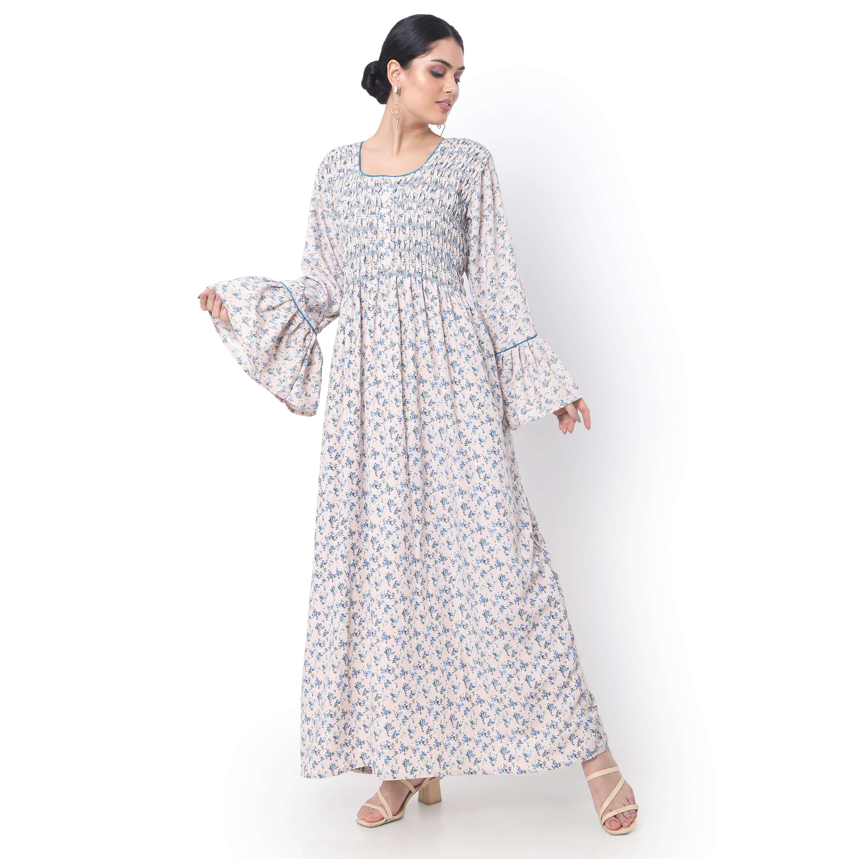 Hana & Sara Floral Scoop Neck with Smocked Detail Bell Sleeves Women's Jalabiya-women-arabicclothing-jalabiyas-image-3