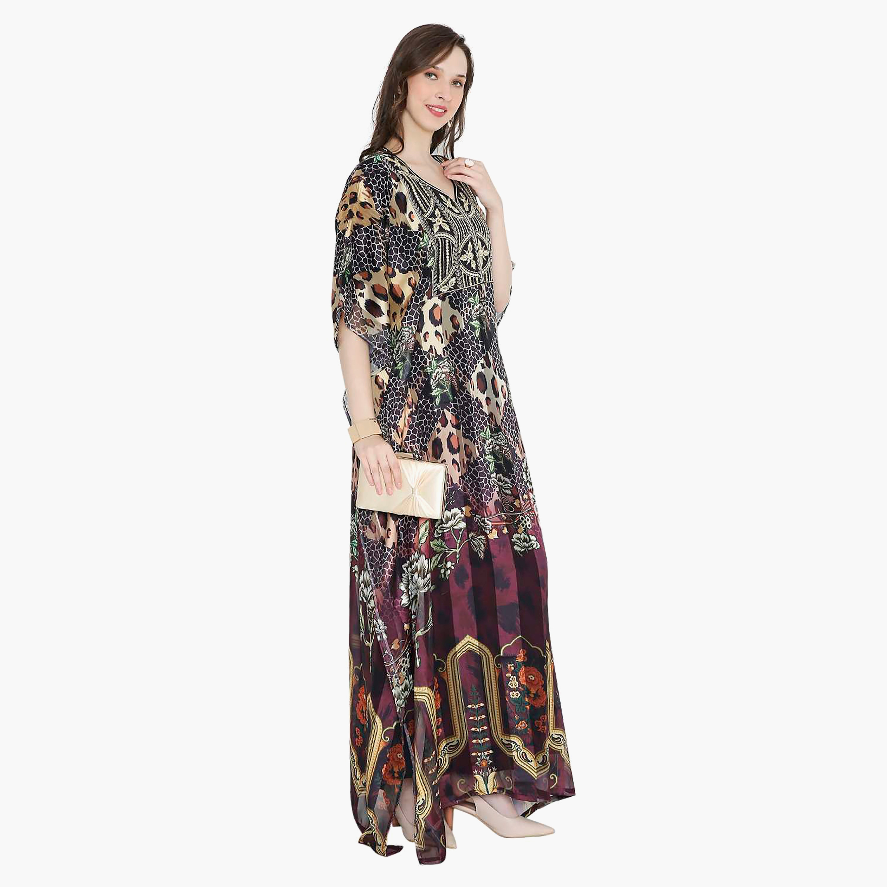 Hana & Sara Multicolour Printed Embroidered Knot Neck Detail Flared Sleeves Women's Festive Kaftaan-women-arabicclothing-jalabiyas-image-3