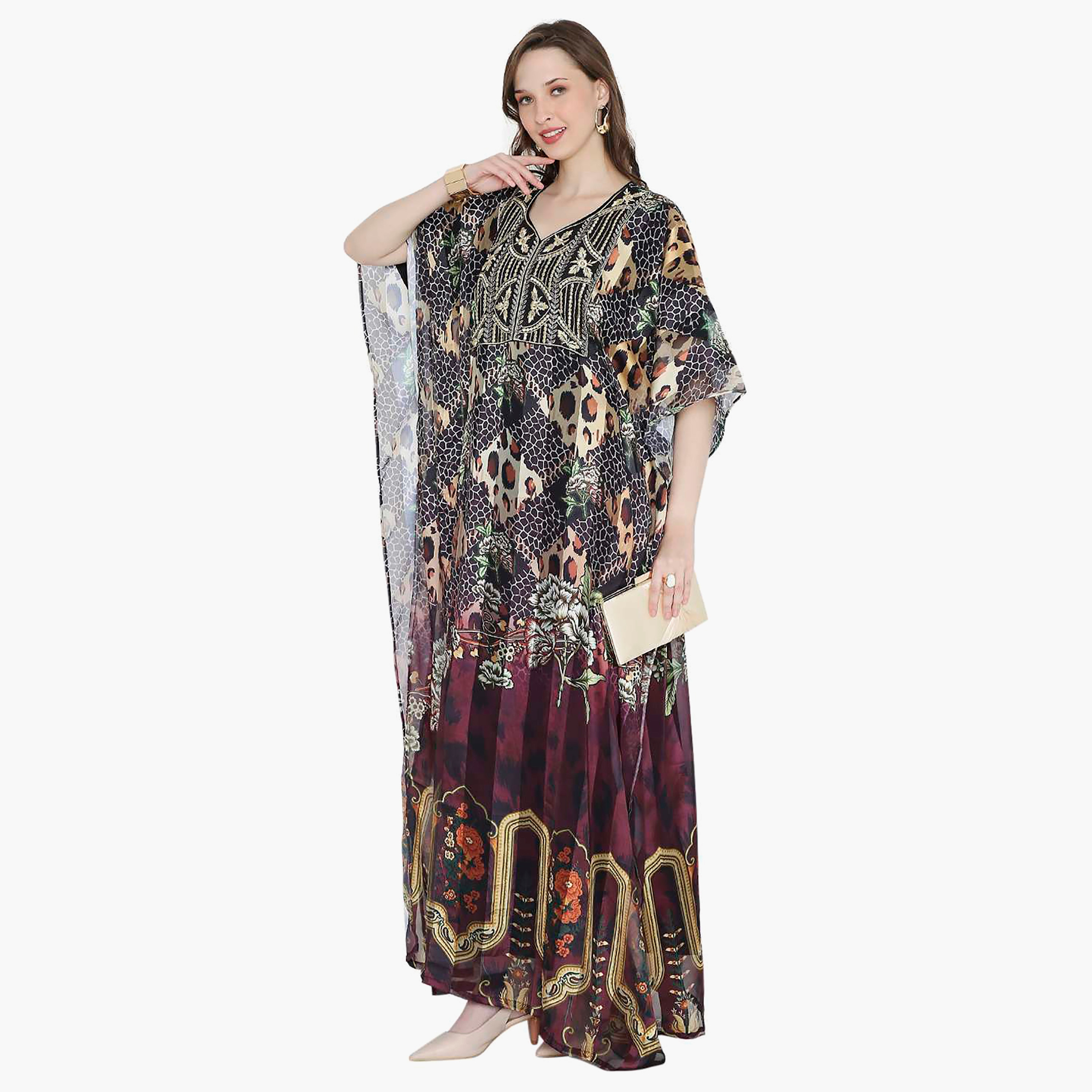 Hana & Sara Multicolour Printed Embroidered Knot Neck Detail Flared Sleeves Women's Festive Kaftaan-women-arabicclothing-jalabiyas-image-4