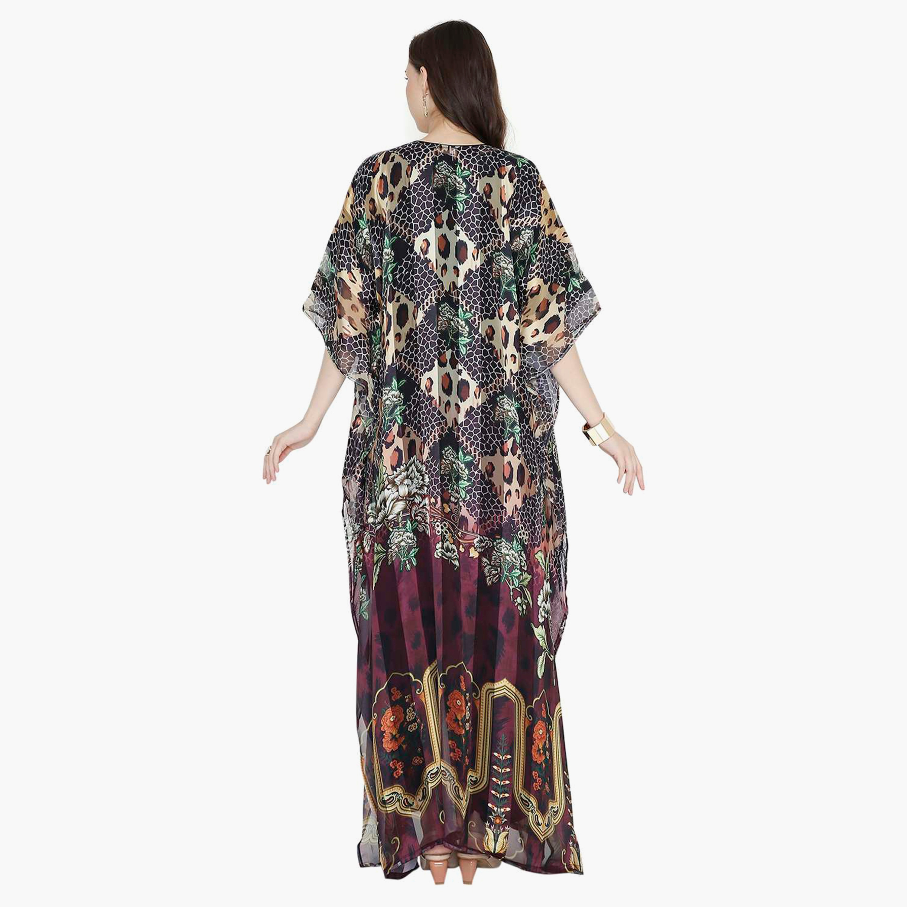 Hana & Sara Multicolour Printed Embroidered Knot Neck Detail Flared Sleeves Women's Festive Kaftaan-women-arabicclothing-jalabiyas-image-5