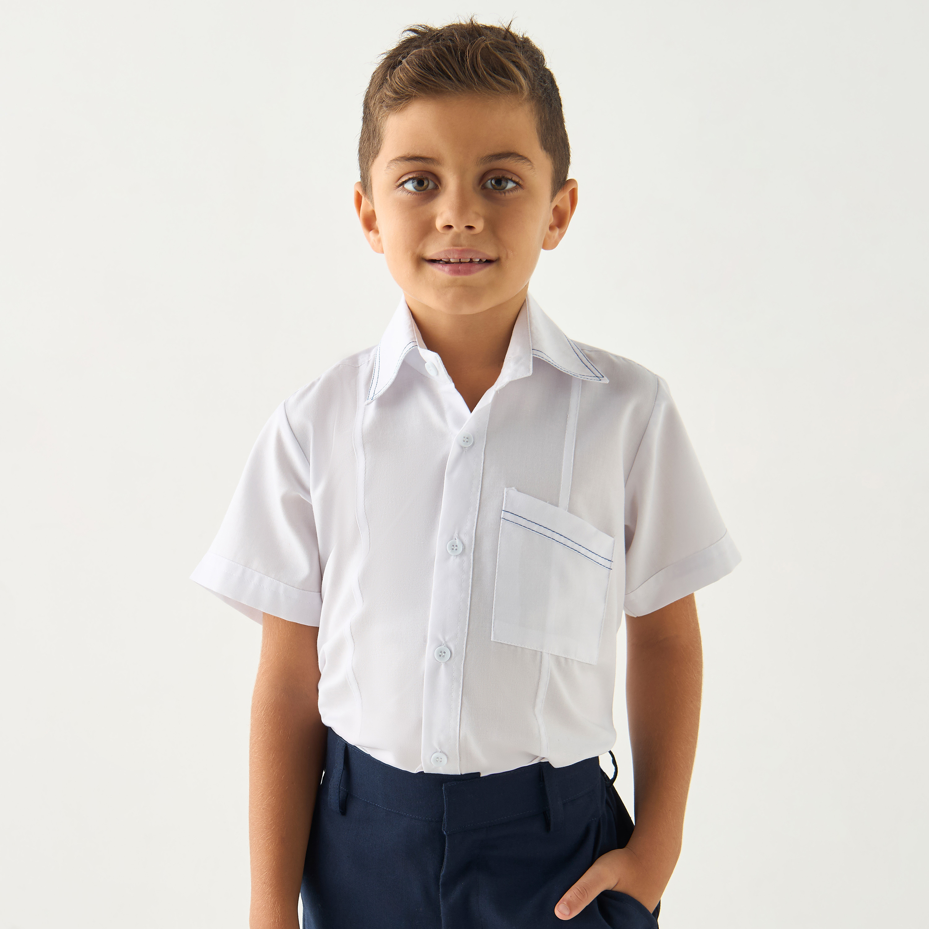 Juniors Solid Shirt with Pocket and Short Sleeves-boys-clothing-schoolwear-shirts-image-1