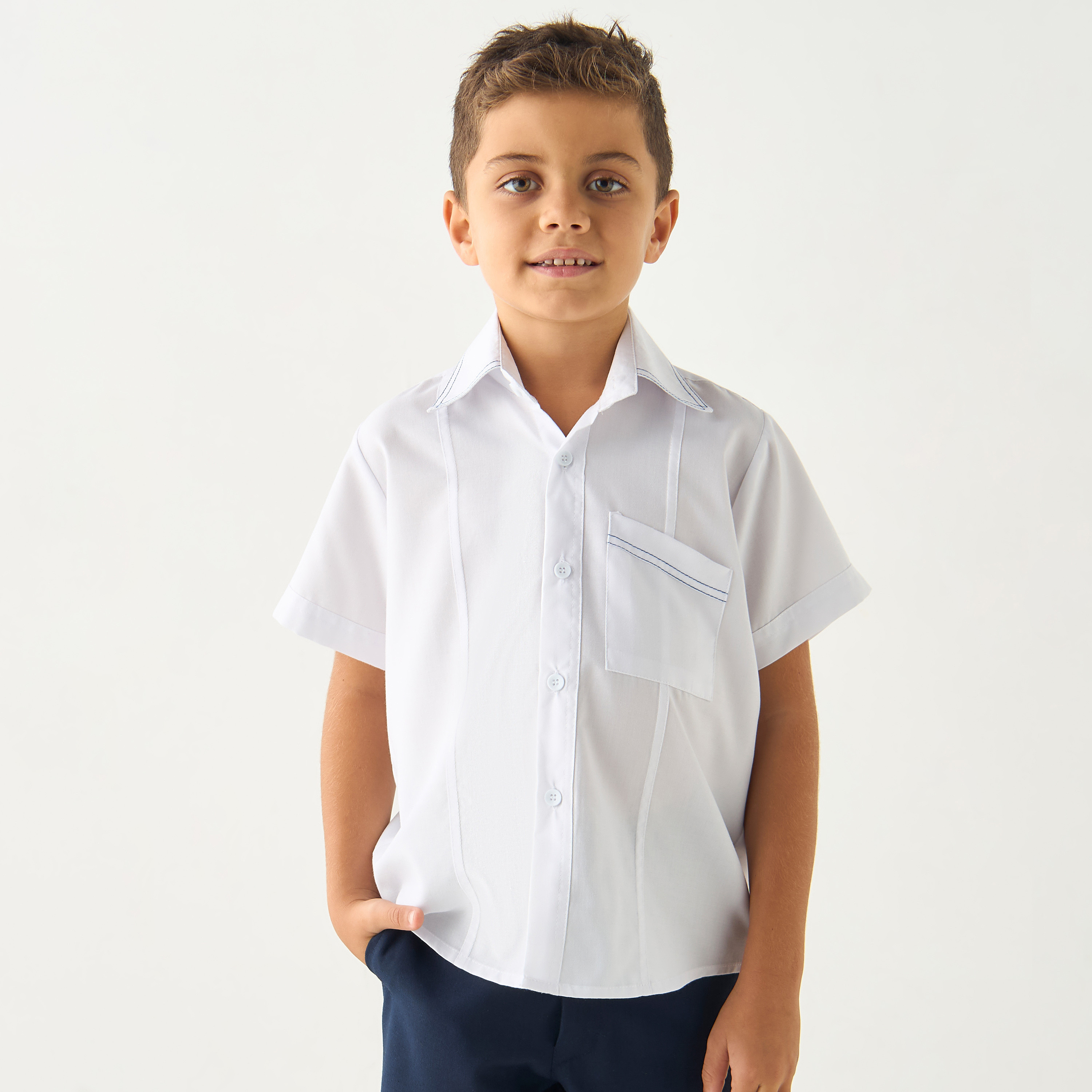 Juniors Solid Shirt with Pocket and Short Sleeves-boys-clothing-schoolwear-shirts-image-5