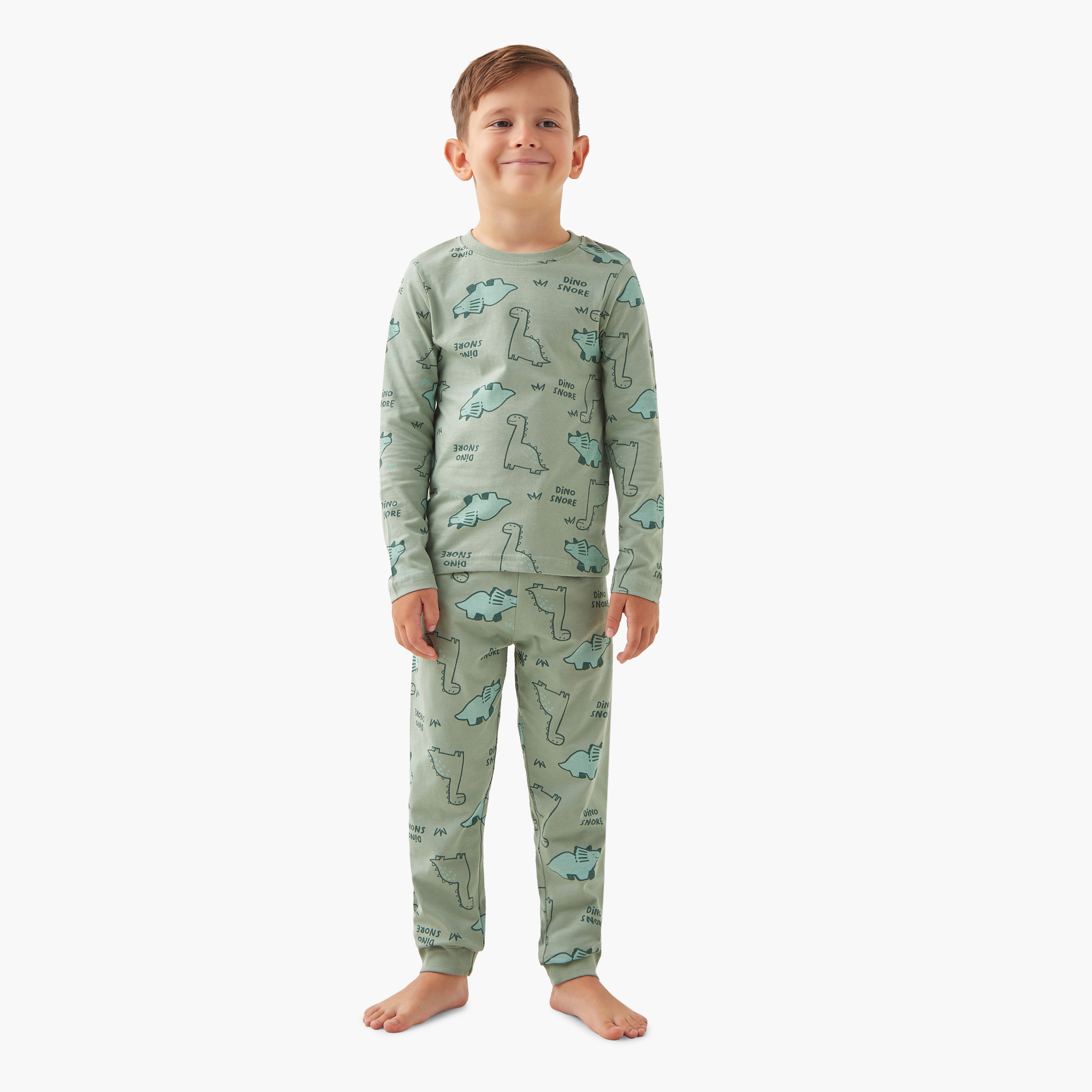 بنطلون بيجاما وتيشيرت بأكمام طويلة وطبعات ديناصور من جونيورز - مجموعة من طقمين-boys-clothing-nightwear-image-2