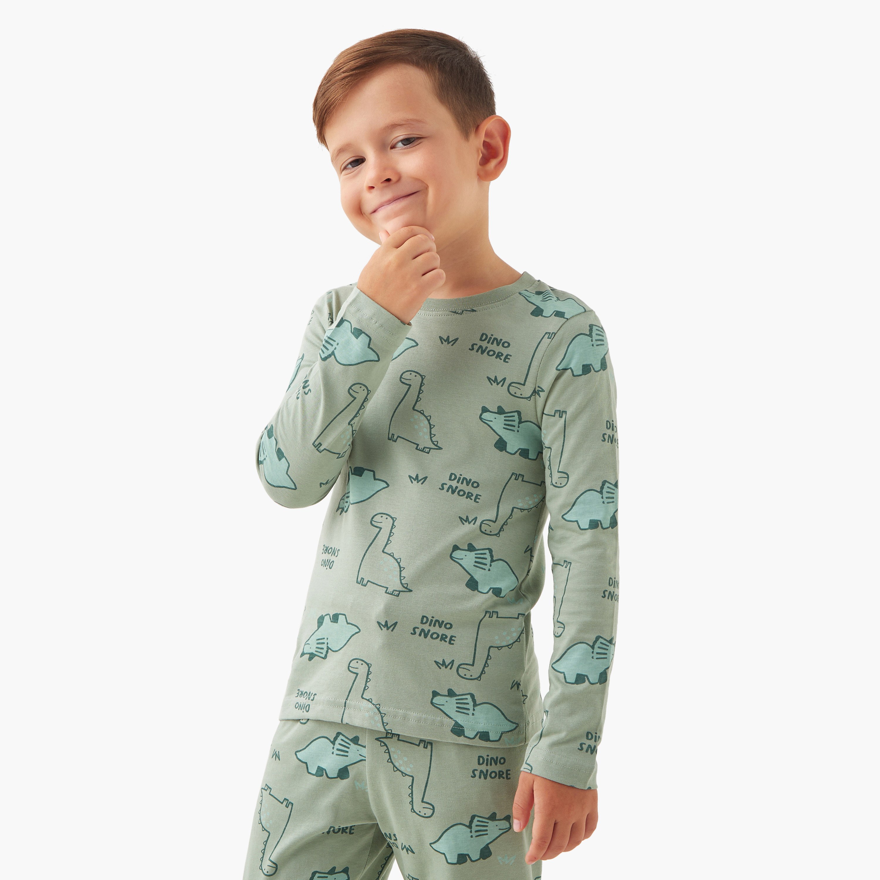بنطلون بيجاما وتيشيرت بأكمام طويلة وطبعات ديناصور من جونيورز - مجموعة من طقمين-boys-clothing-nightwear-image-4