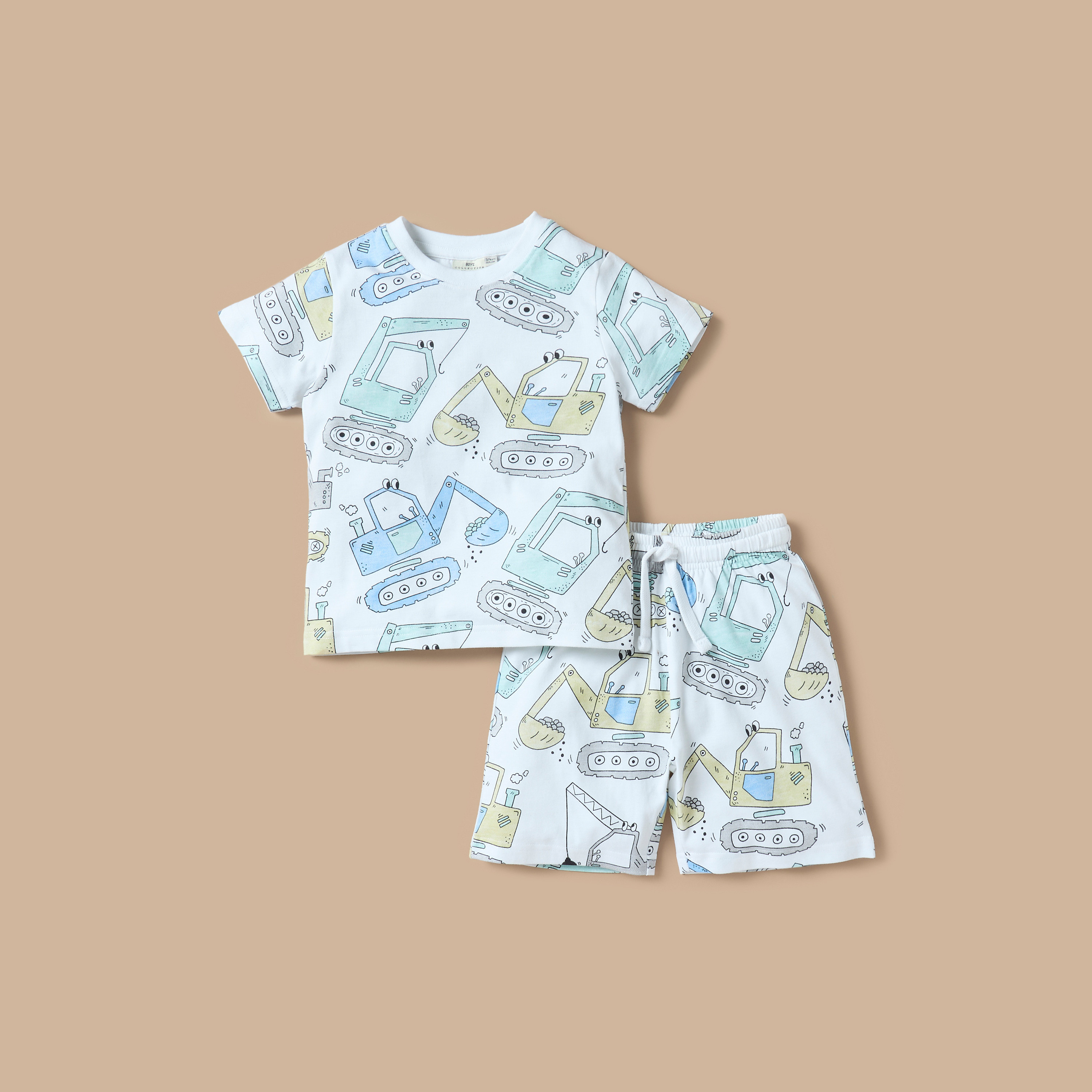 Juniors All-Over Truck Print Round Neck T-shirt and Elasticated Shorts Set-boys-clothing-nightwear-image-1