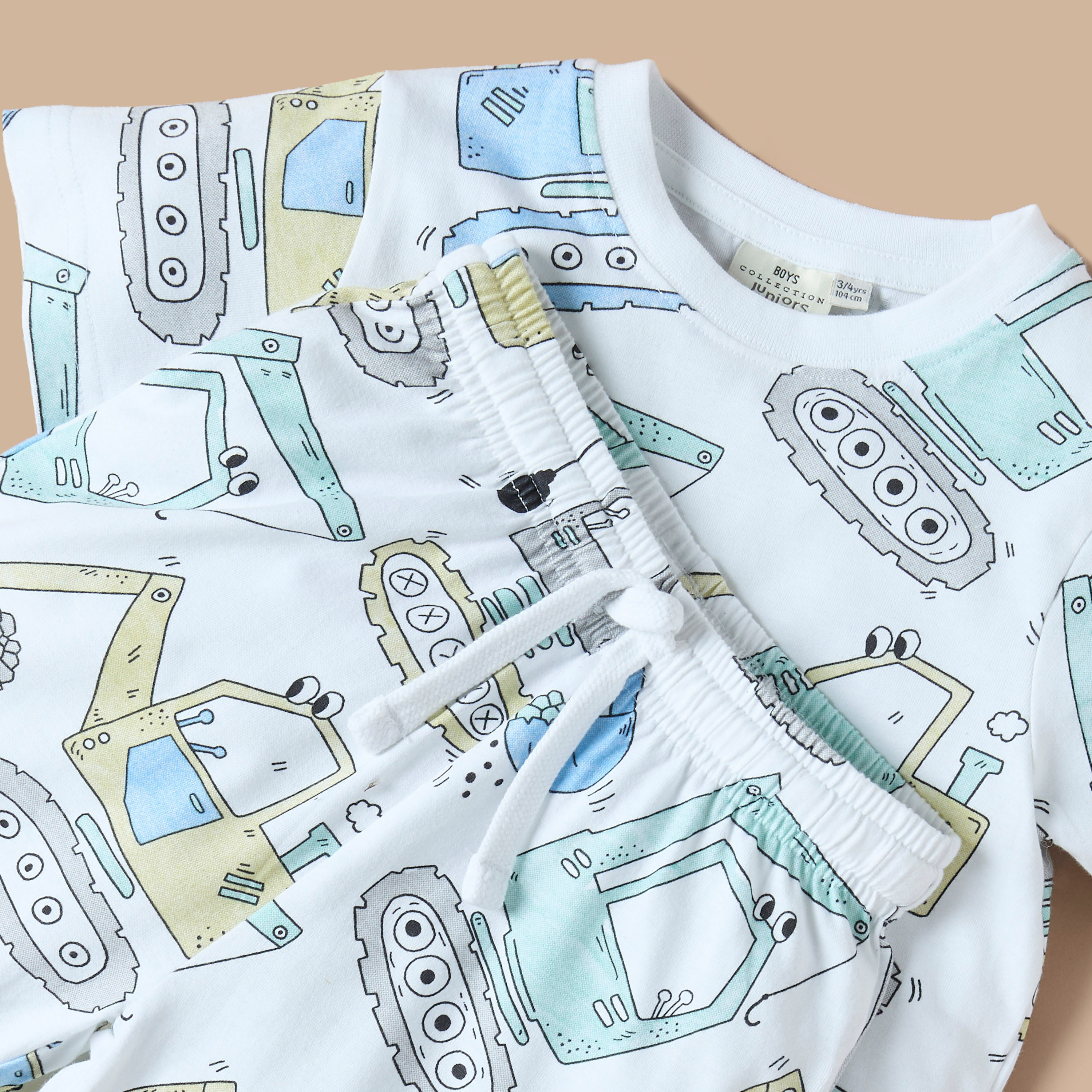 Juniors All-Over Truck Print Round Neck T-shirt and Elasticated Shorts Set-boys-clothing-nightwear-image-4