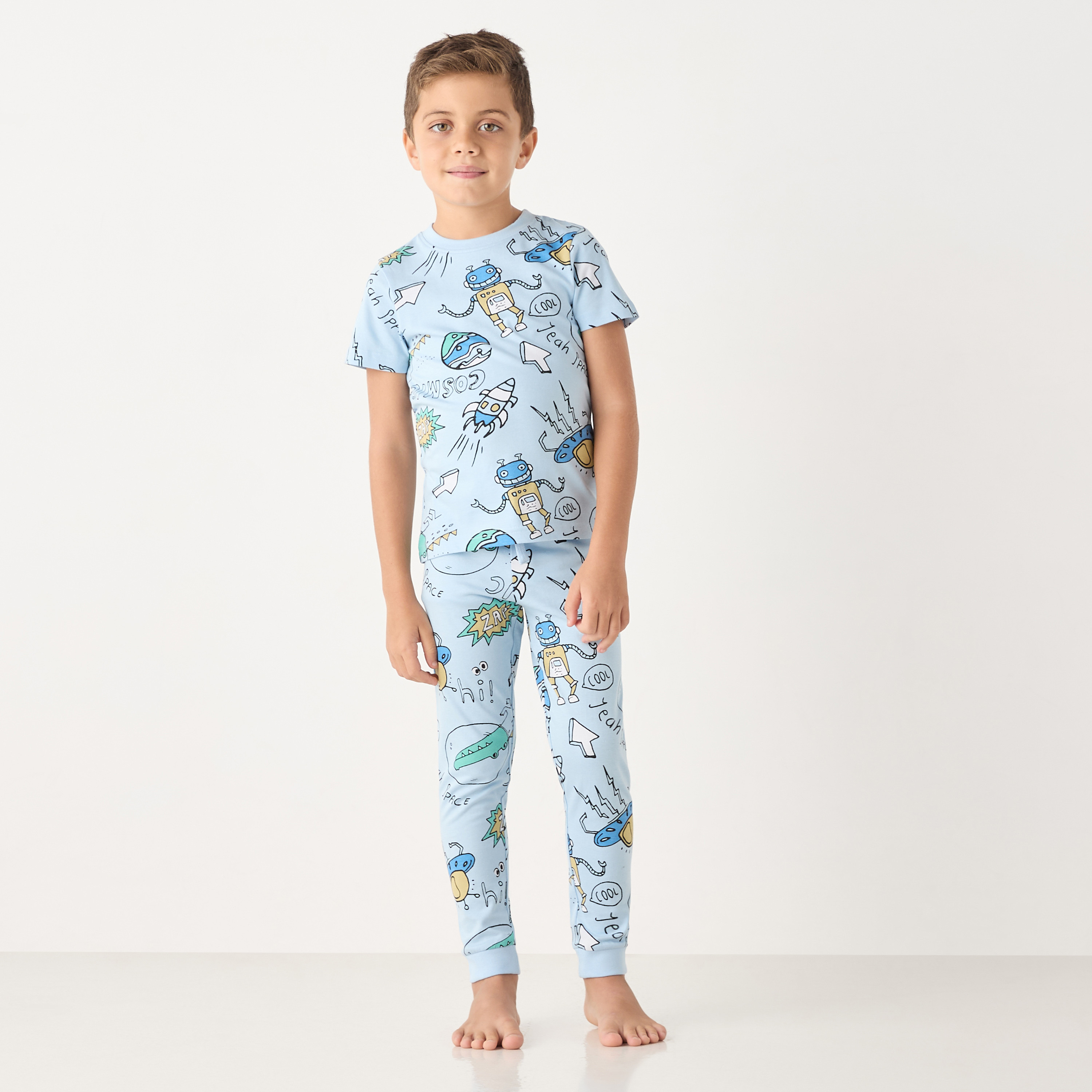 Juniors All-Over Graphic Print Short Sleeves T-shirt and Elasticated Joggers-boys-clothing-nightwear-image-1