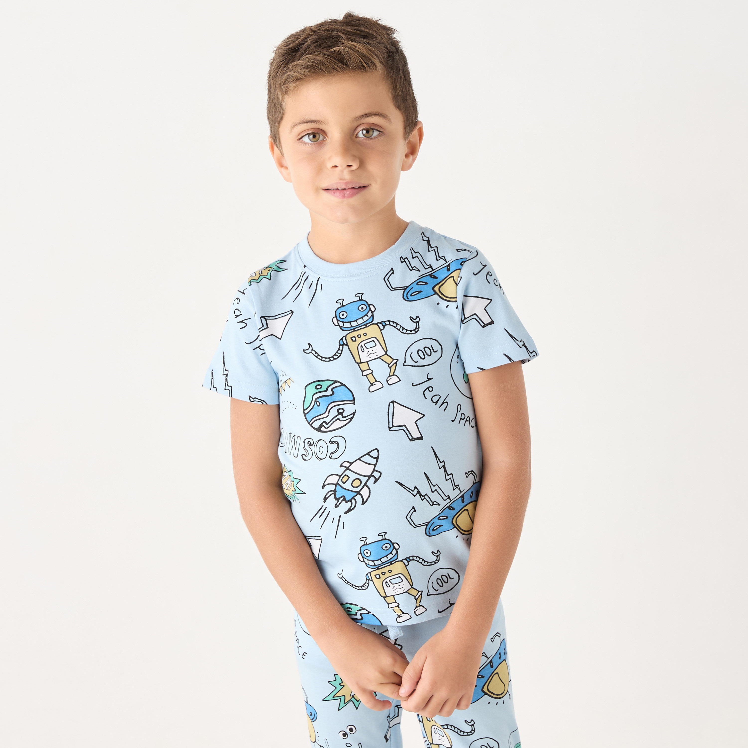 Juniors All-Over Graphic Print Short Sleeves T-shirt and Elasticated Joggers-boys-clothing-nightwear-image-2