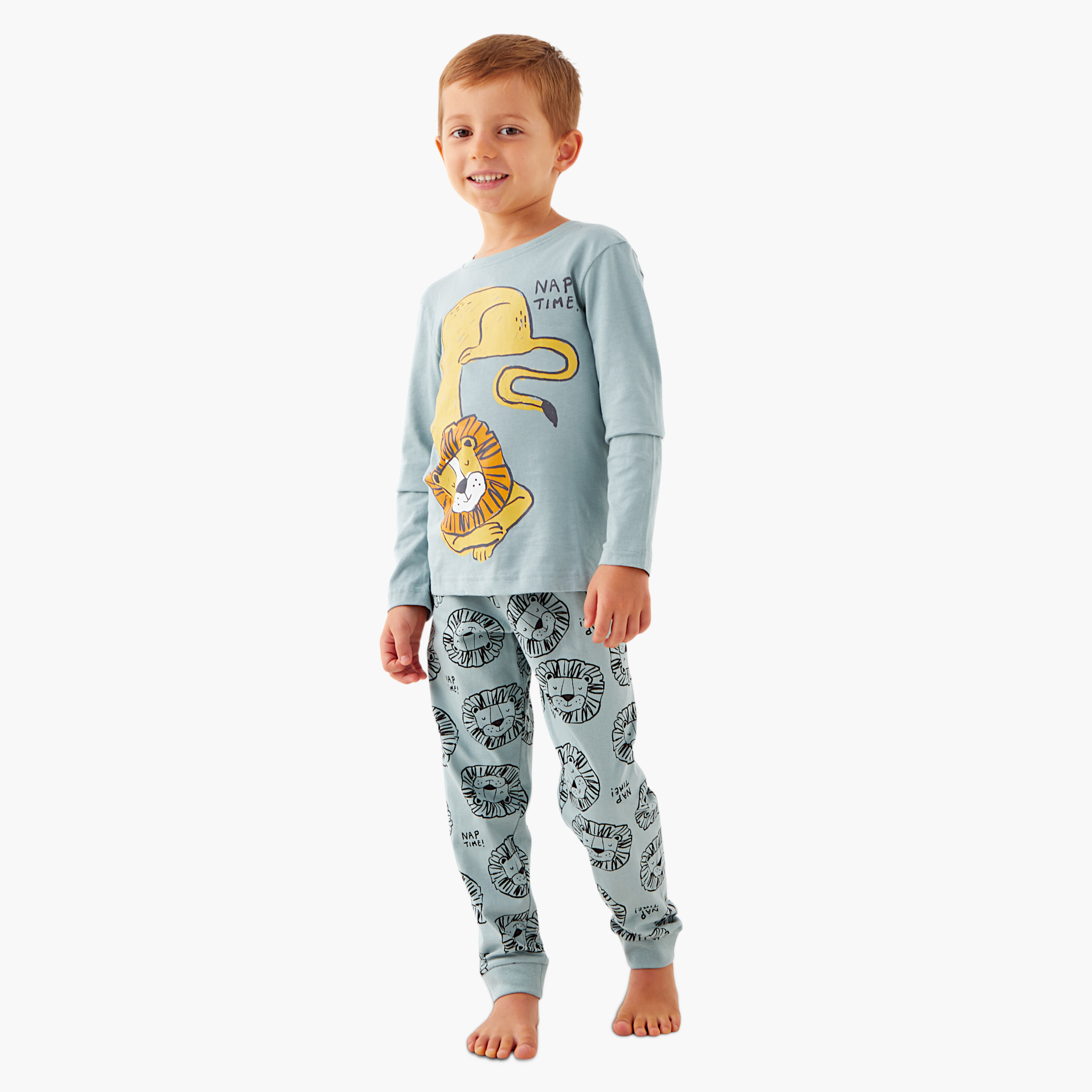 Juniors Lion Print Long Sleeves T-shirt and Pyjama Set-boys-clothing-nightwear-image-1