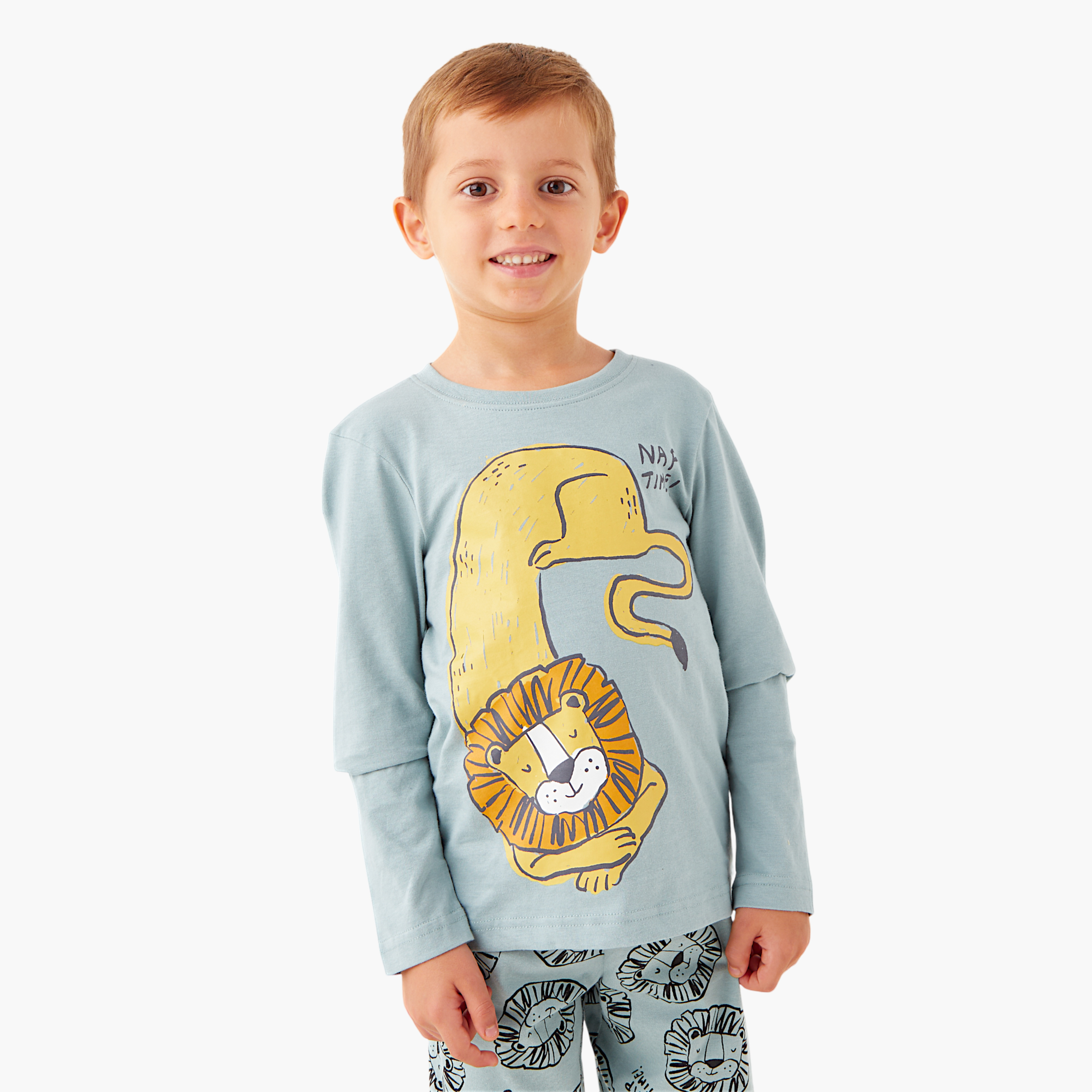 Juniors Lion Print Long Sleeves T-shirt and Pyjama Set-boys-clothing-nightwear-image-2