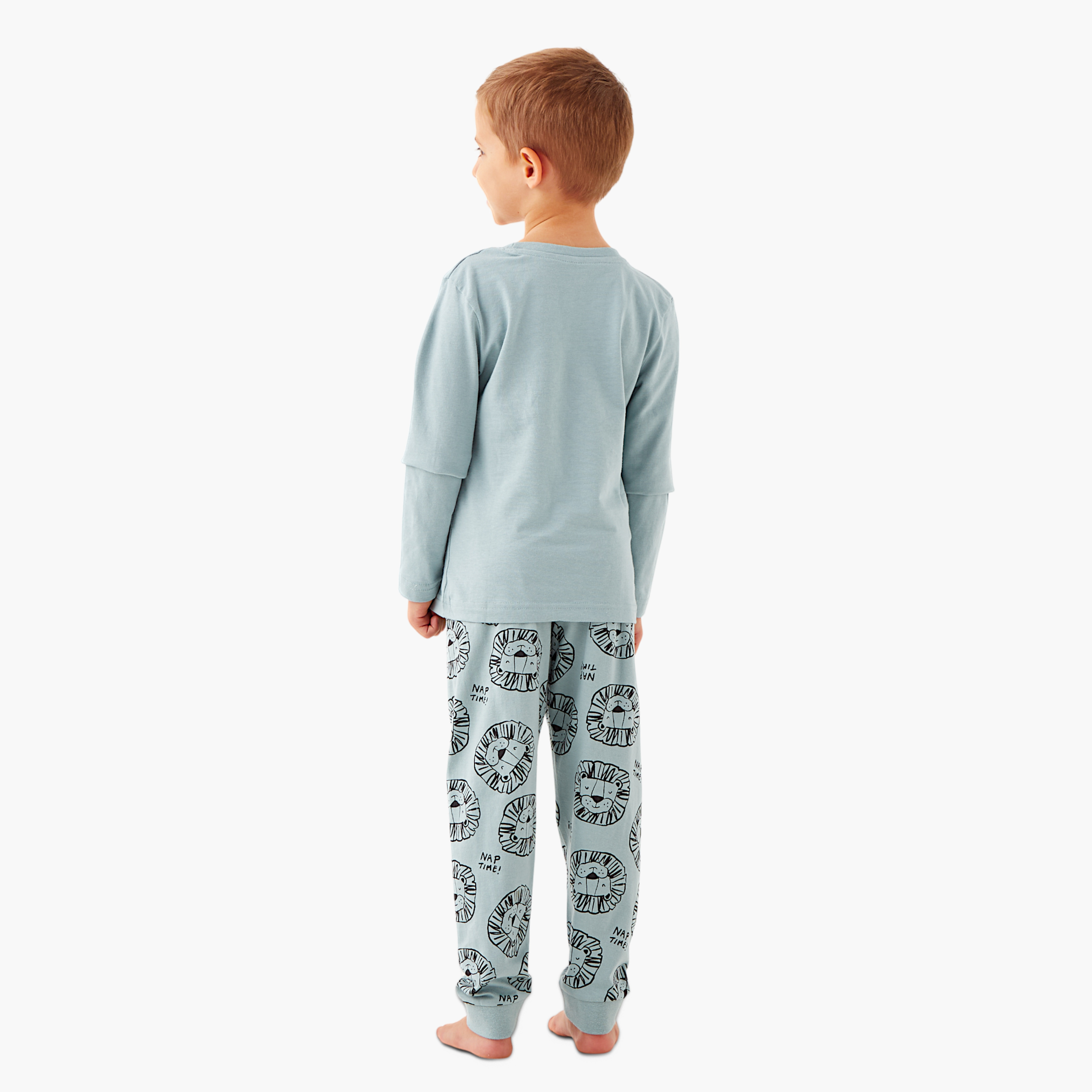 Juniors Lion Print Long Sleeves T-shirt and Pyjama Set-boys-clothing-nightwear-image-3