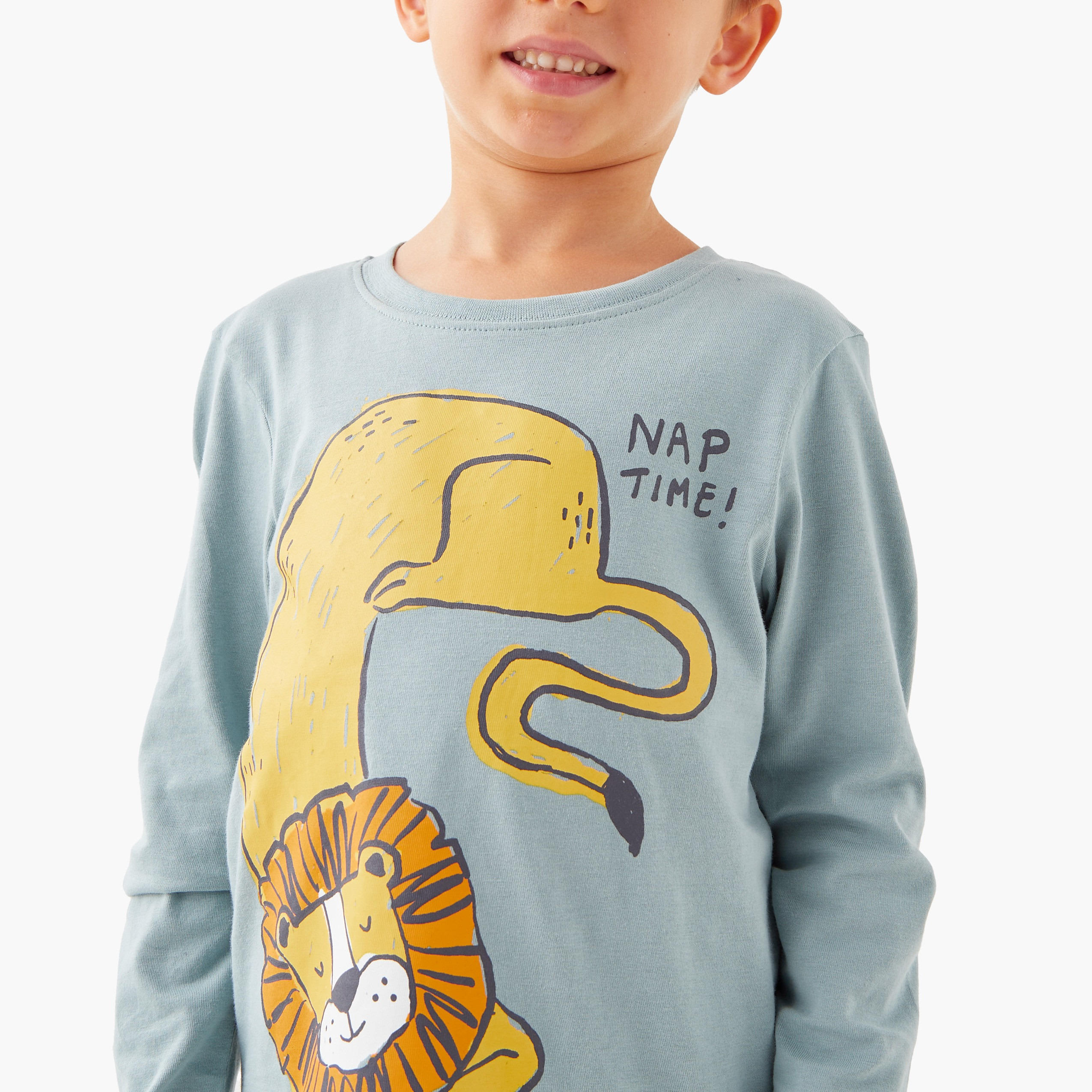Juniors Lion Print Long Sleeves T-shirt and Pyjama Set-boys-clothing-nightwear-image-5