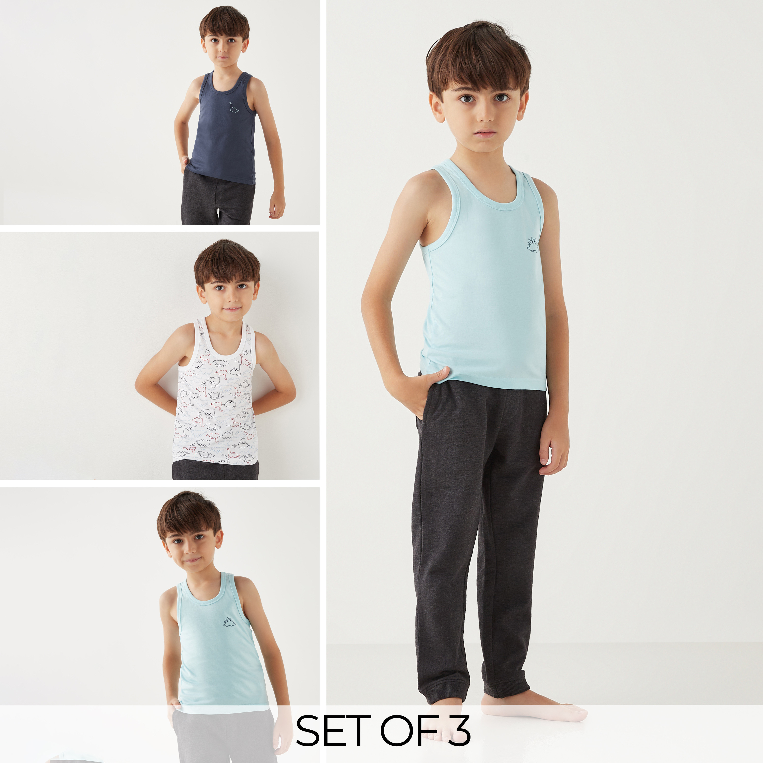 فيست دون أكمام بطبعات ديناصور من جونيورز- طقم من 3 قطع-baby-boys-clothing-innerwear-image-1