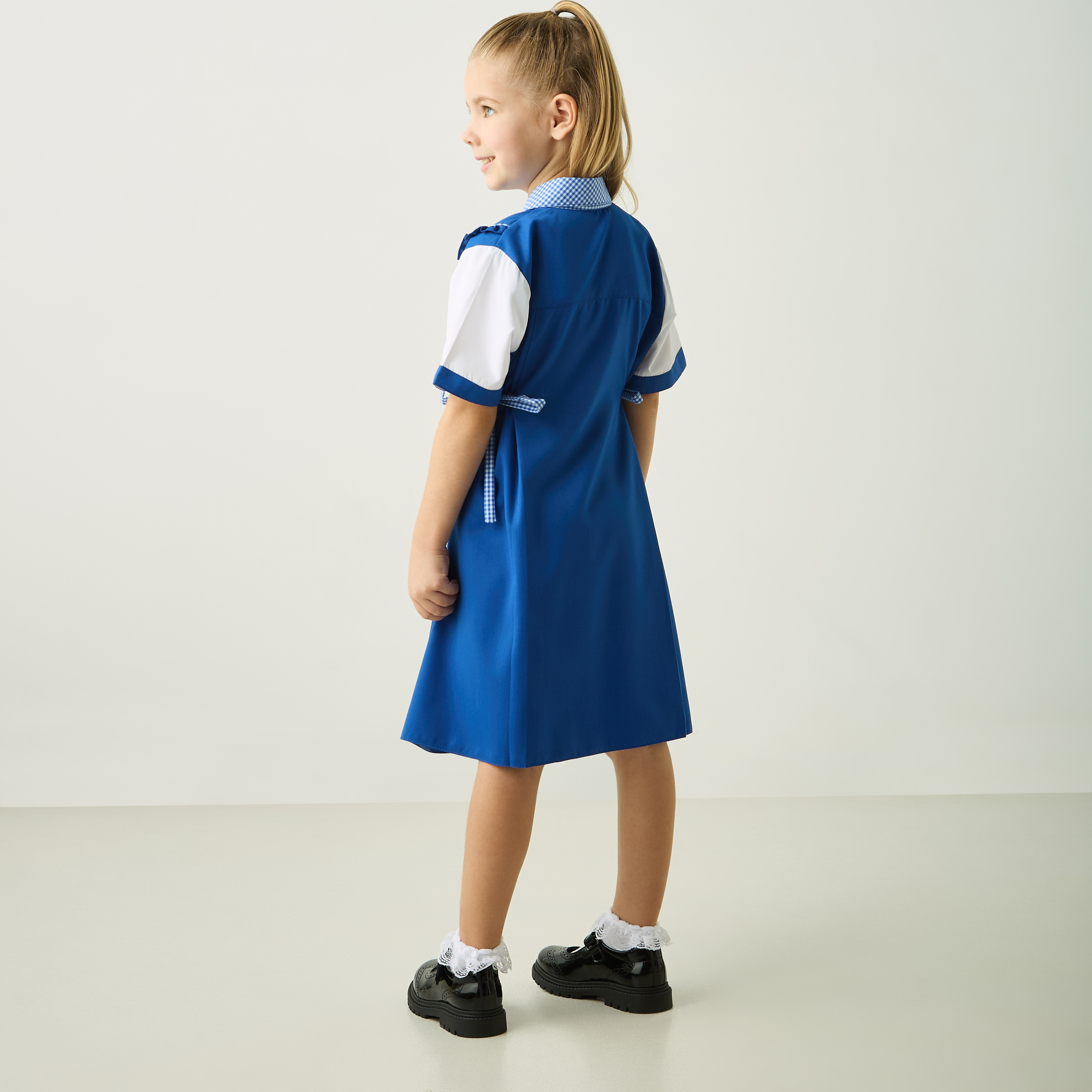 Juniors Checked Print Pinafore Dress with Short Sleeves and Ruffle Detail-girls-clothing-dressesandjumpsuits-image-3