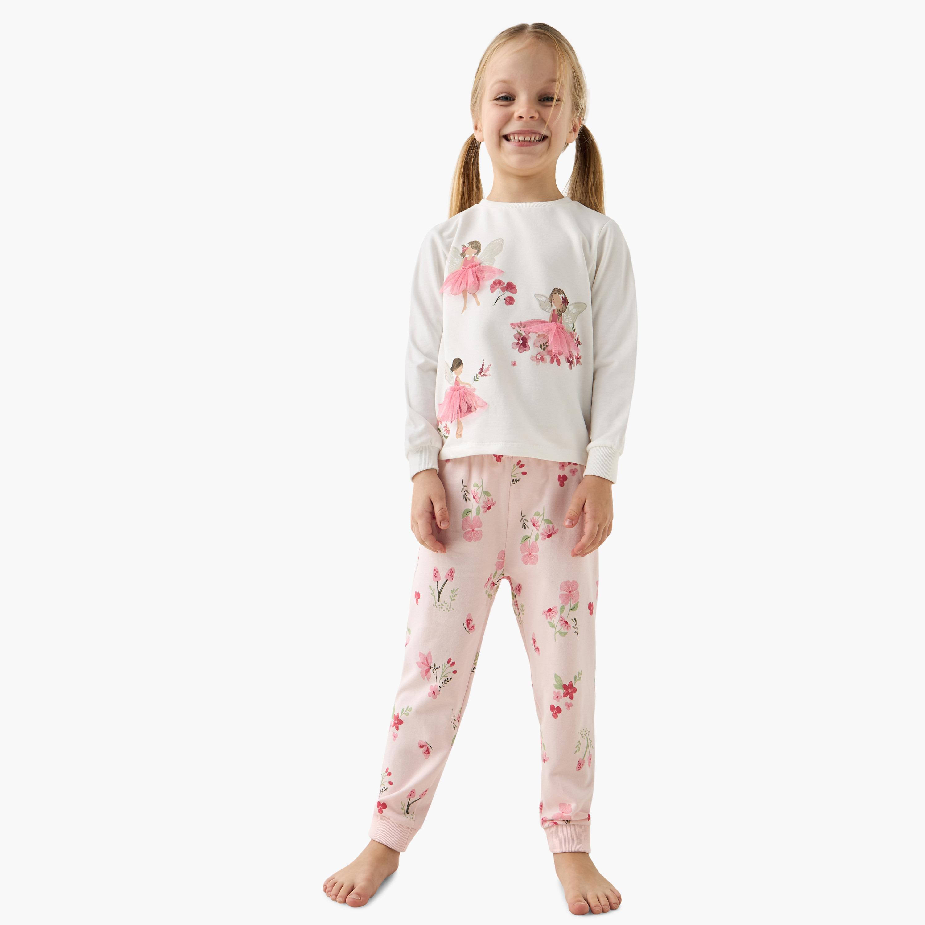 Juniors Fairy Print Long Sleeves T-shirt and Pyjama Set-girls-clothing-nightwear-image-1