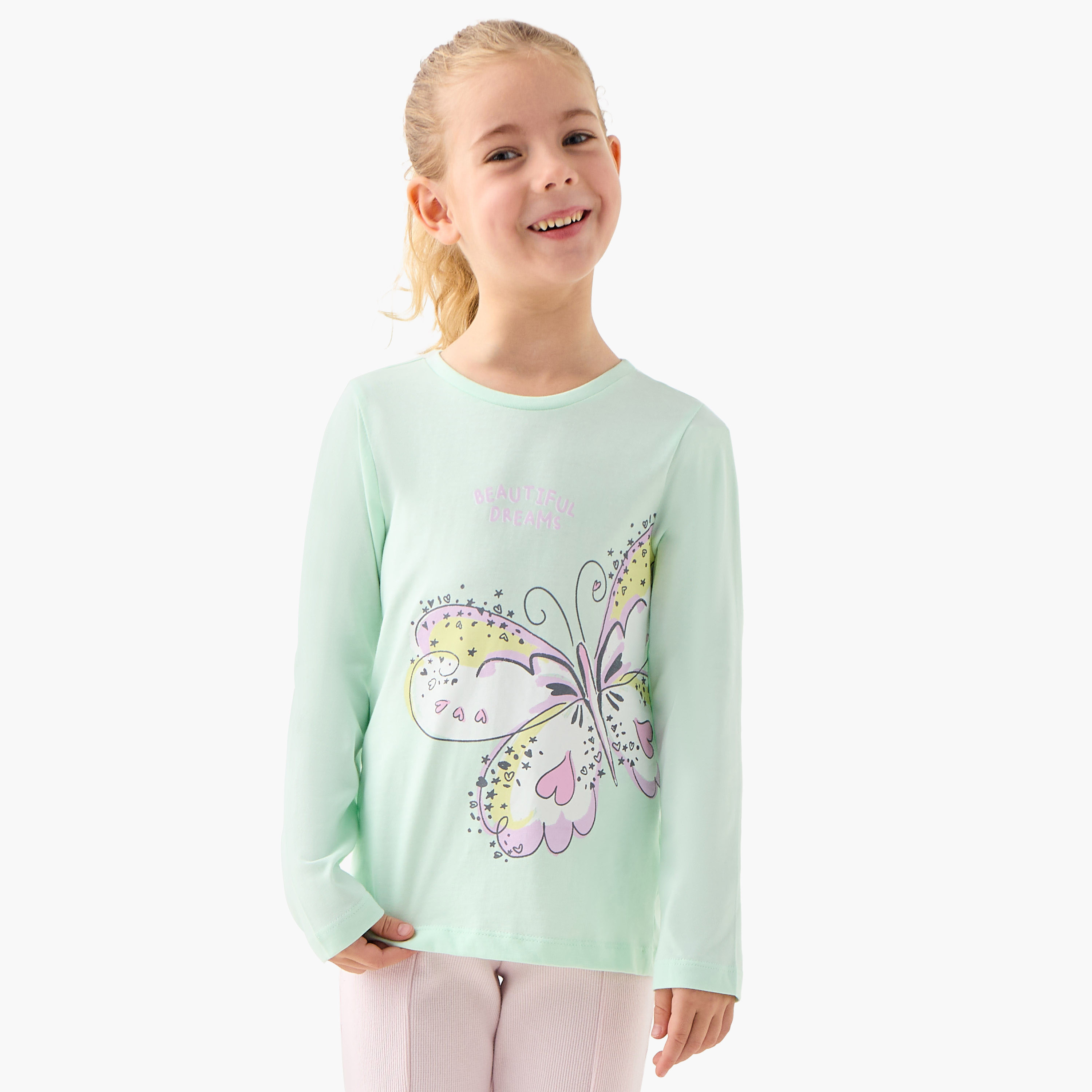 Juniors Butterfly Print Long Sleeve T-shirt with Elasticated Pyjama Set-girls-clothing-nightwear-image-1