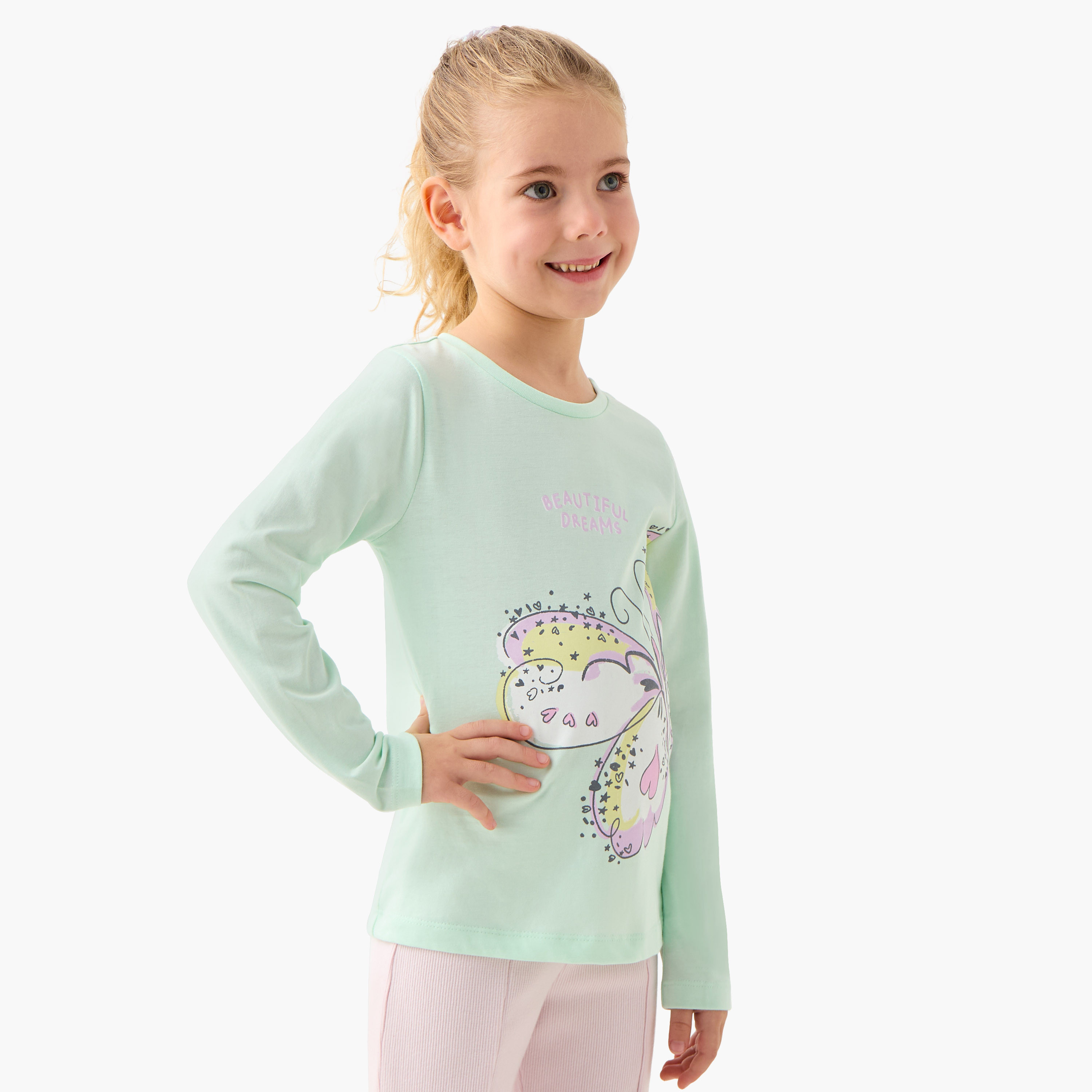 Juniors Butterfly Print Long Sleeve T-shirt with Elasticated Pyjama Set-girls-clothing-nightwear-image-2