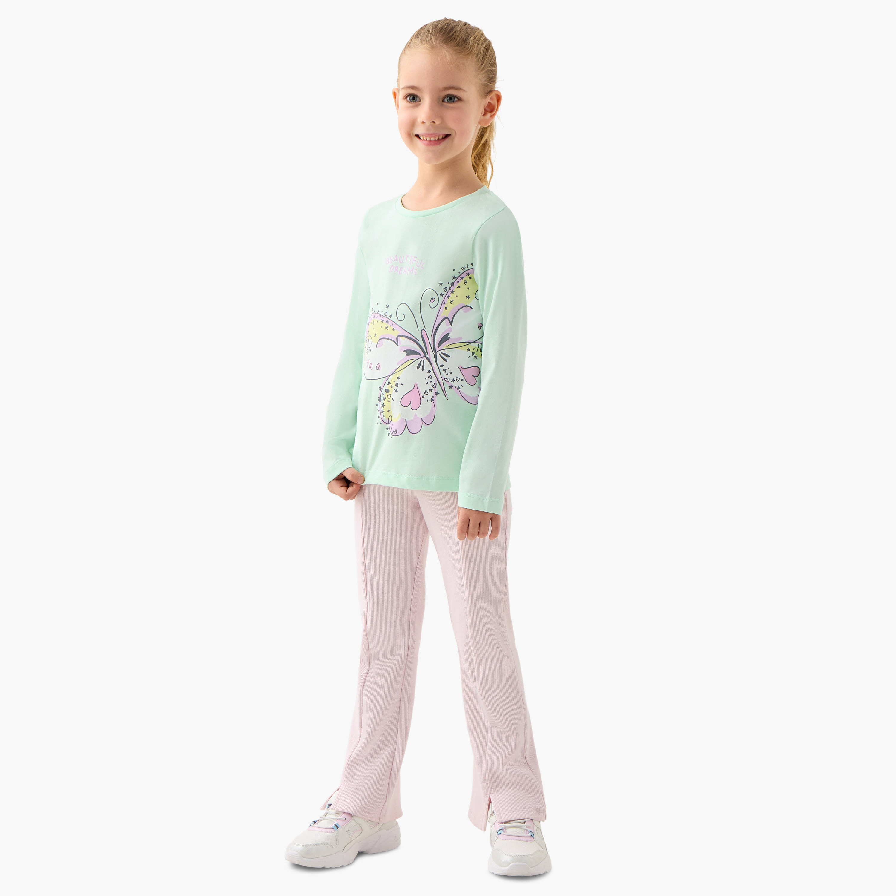 Juniors Butterfly Print Long Sleeve T-shirt with Elasticated Pyjama Set-girls-clothing-nightwear-image-3