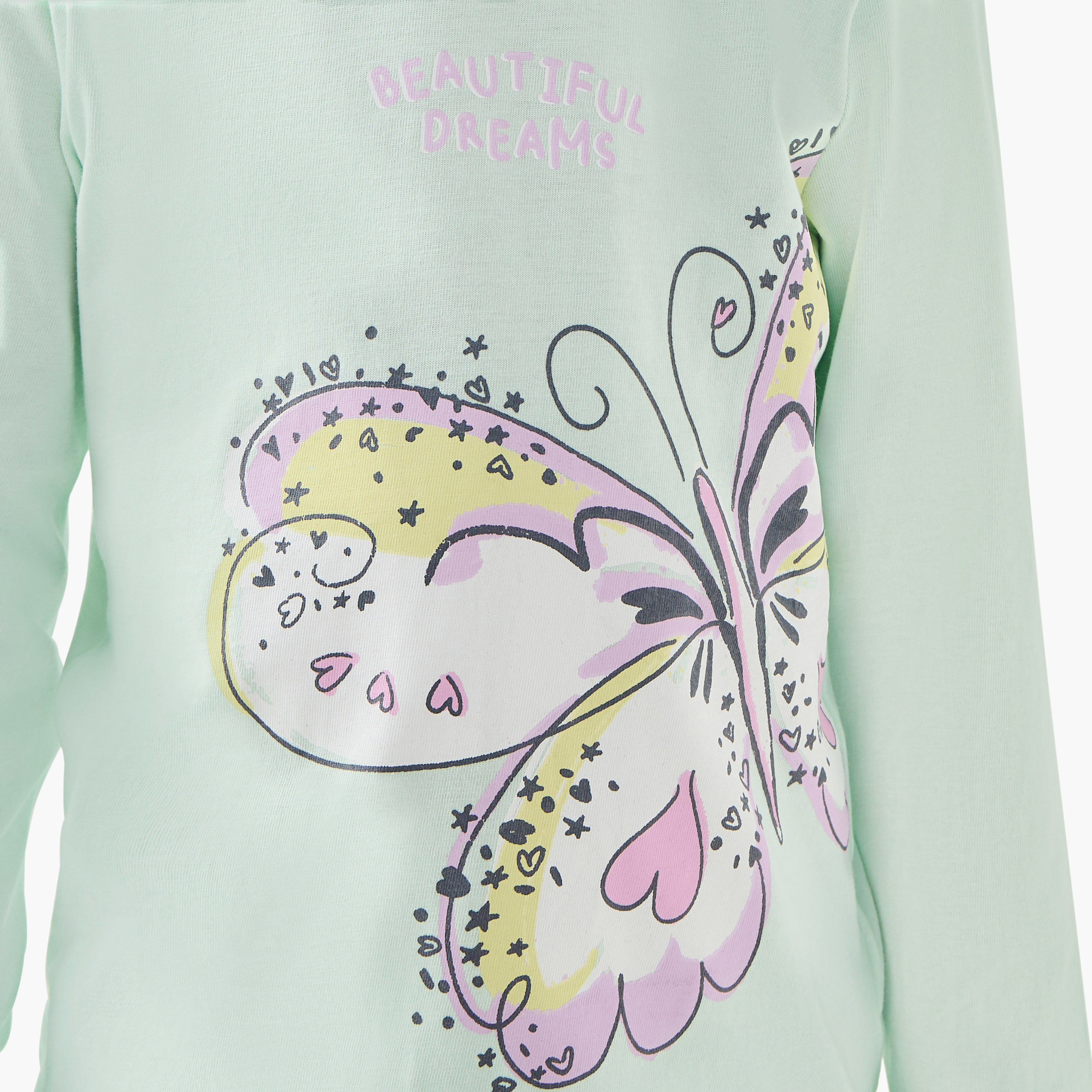 Juniors Butterfly Print Long Sleeve T-shirt with Elasticated Pyjama Set-girls-clothing-nightwear-image-5