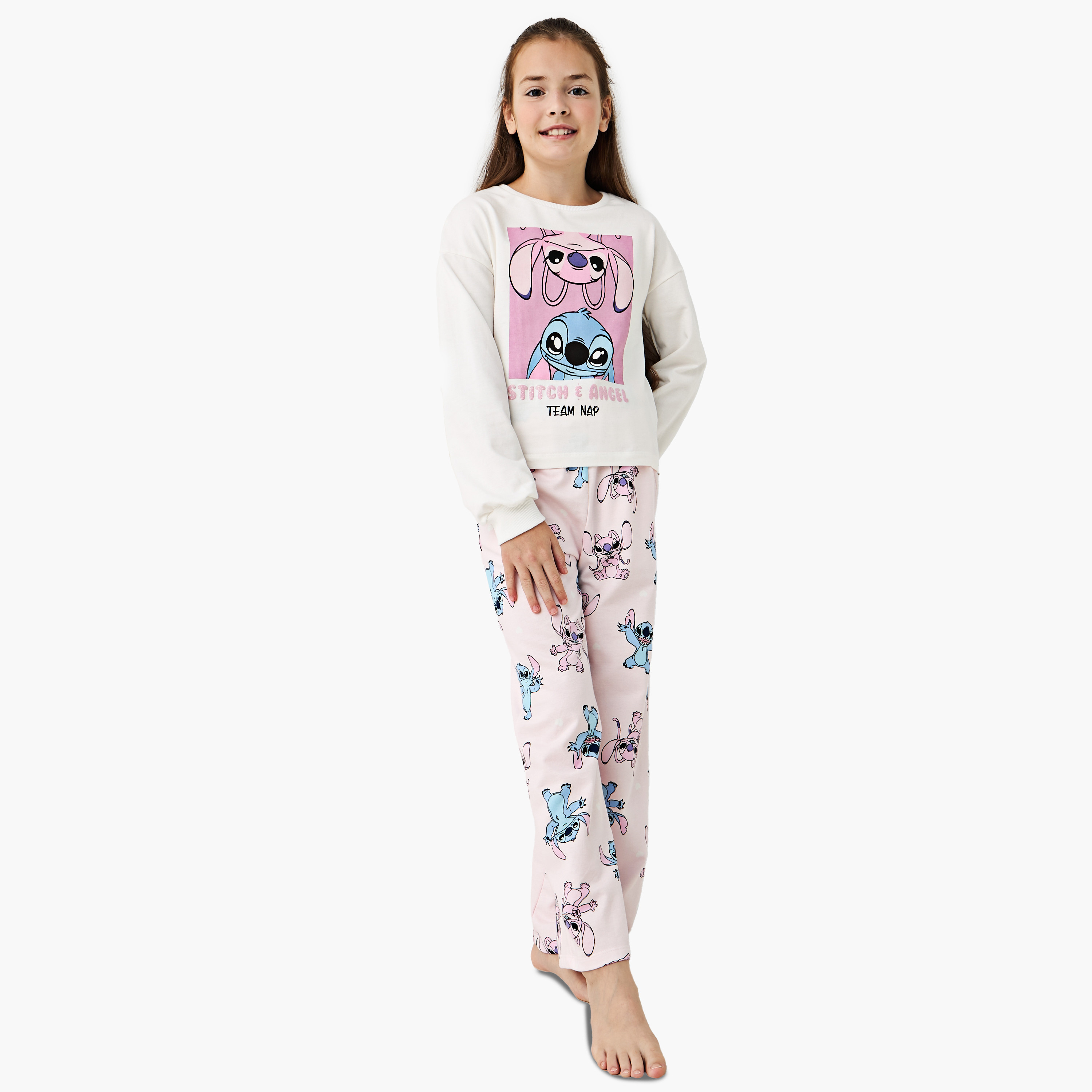 طقم بنطلون بيجاما مطاطي وتيشيرت بأكمام طويلة وطبعات ستيتش آند أنجل من ديزني-girls-clothing-nightwear-image-1