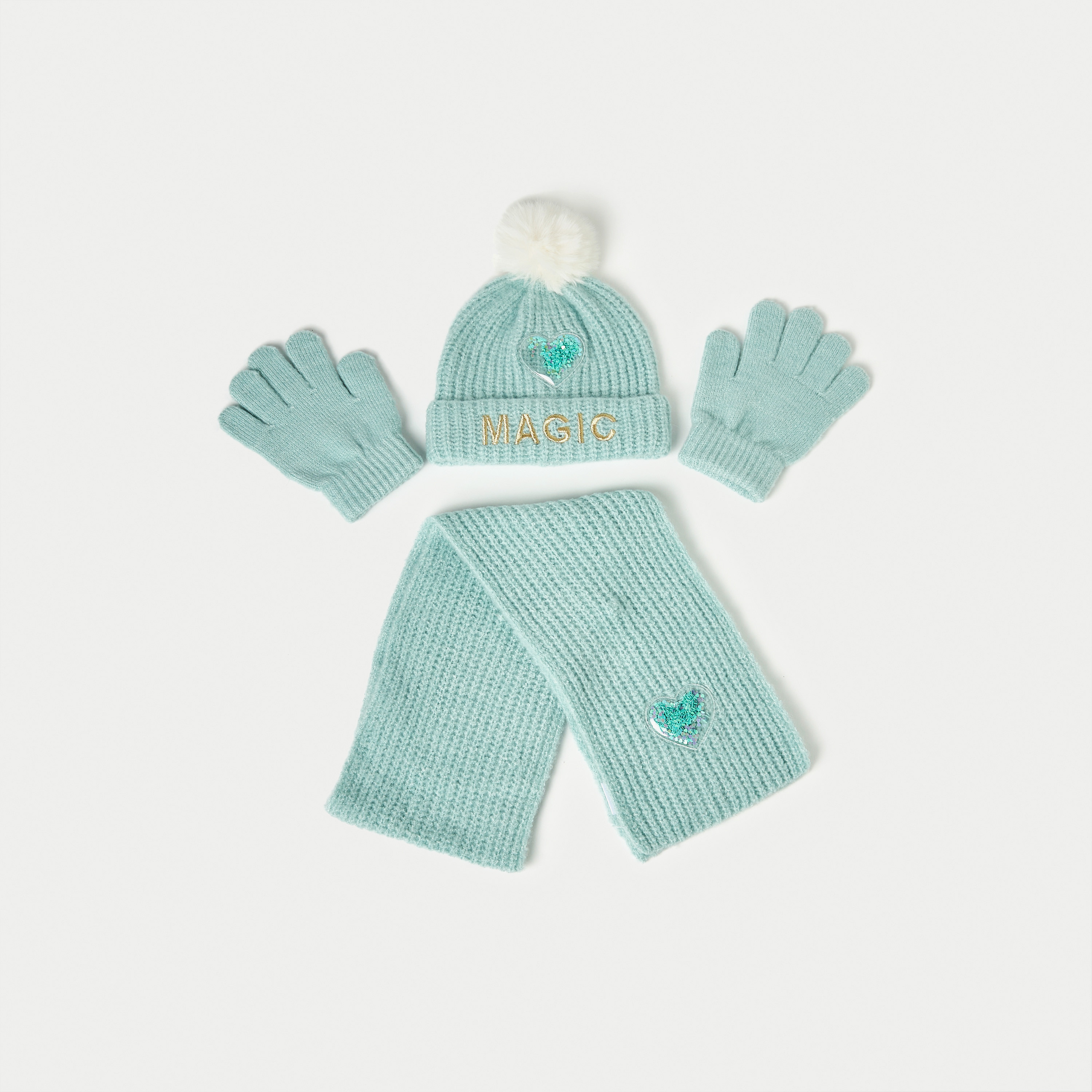 Juniors Heart Embellished Beanie Cap with Gloves and Scarf-girls-clothing-winterwear-winteraccessories-image-1