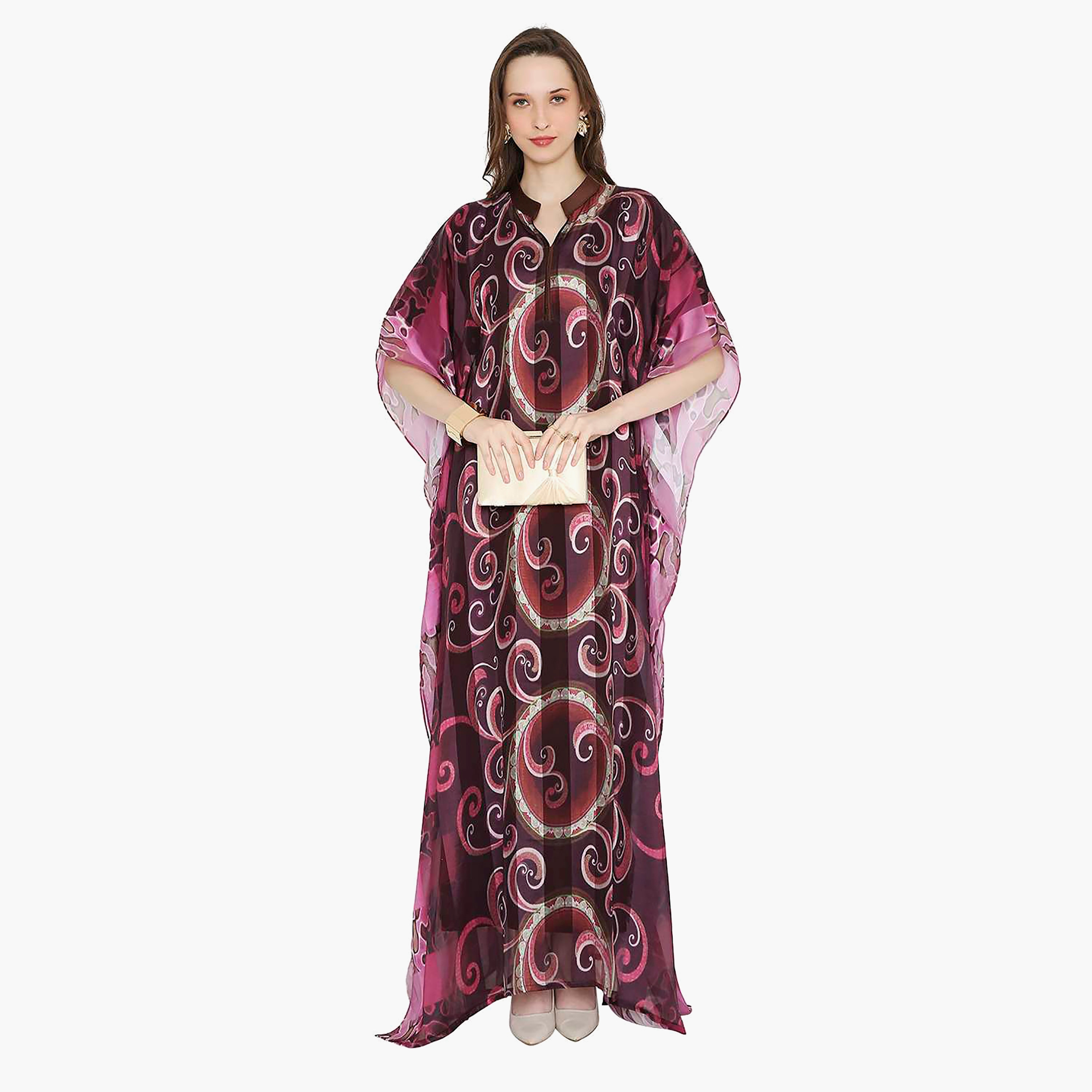 قفطان احتفالي نسائي متعدد الألوان مطبوع بياقة وأكمام واسعة من هانا آند سارة-women-arabicclothing-jalabiyas-image-1