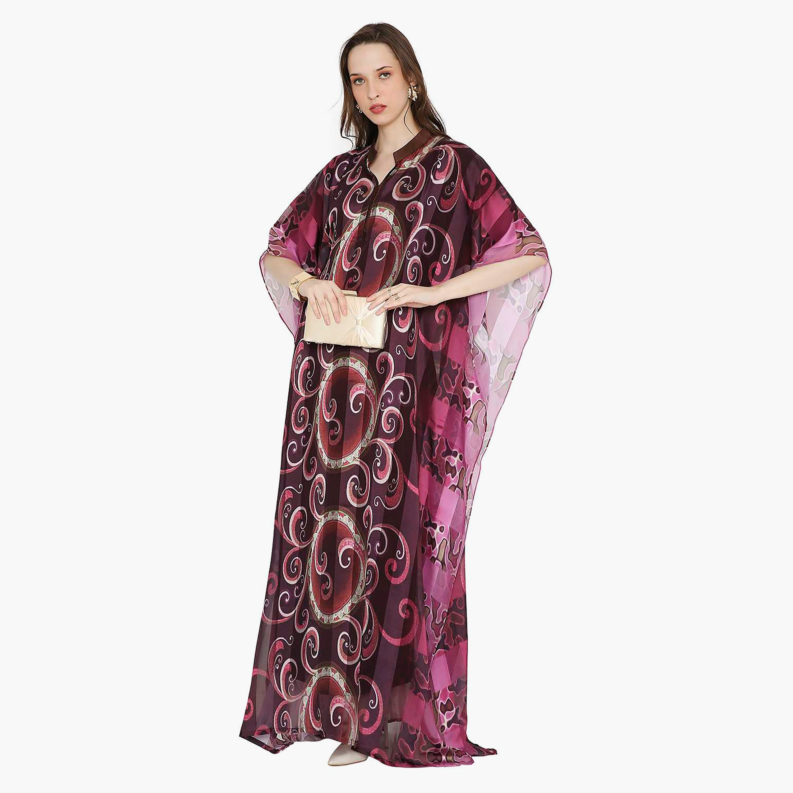 قفطان احتفالي نسائي متعدد الألوان مطبوع بياقة وأكمام واسعة من هانا آند سارة-women-arabicclothing-jalabiyas-image-4