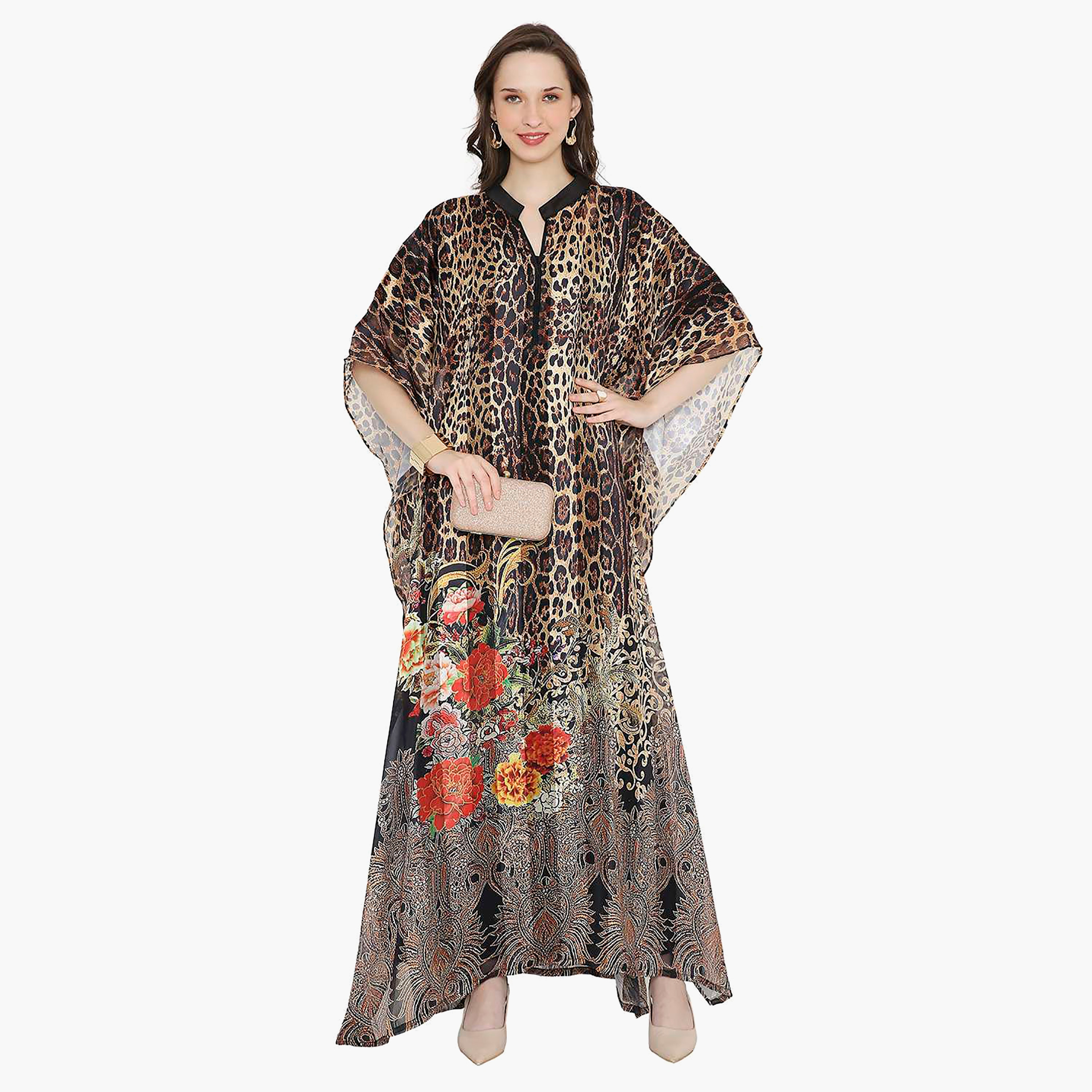Hana & Sara Animal Print Collared Neck Flared Sleeves Women's Festive Kaftaan-women-arabicclothing-jalabiyas-image-1