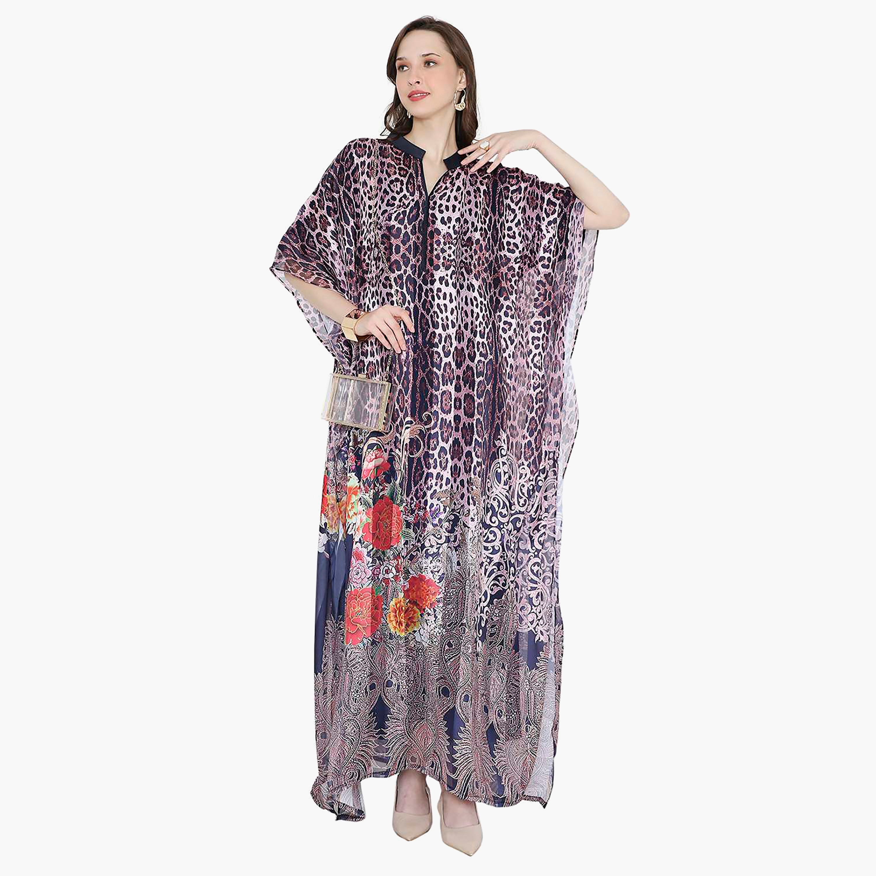 Hana & Sara Animal Print Collared Neck Flared Sleeves Women's Festive Kaftaan-women-arabicclothing-jalabiyas-image-11