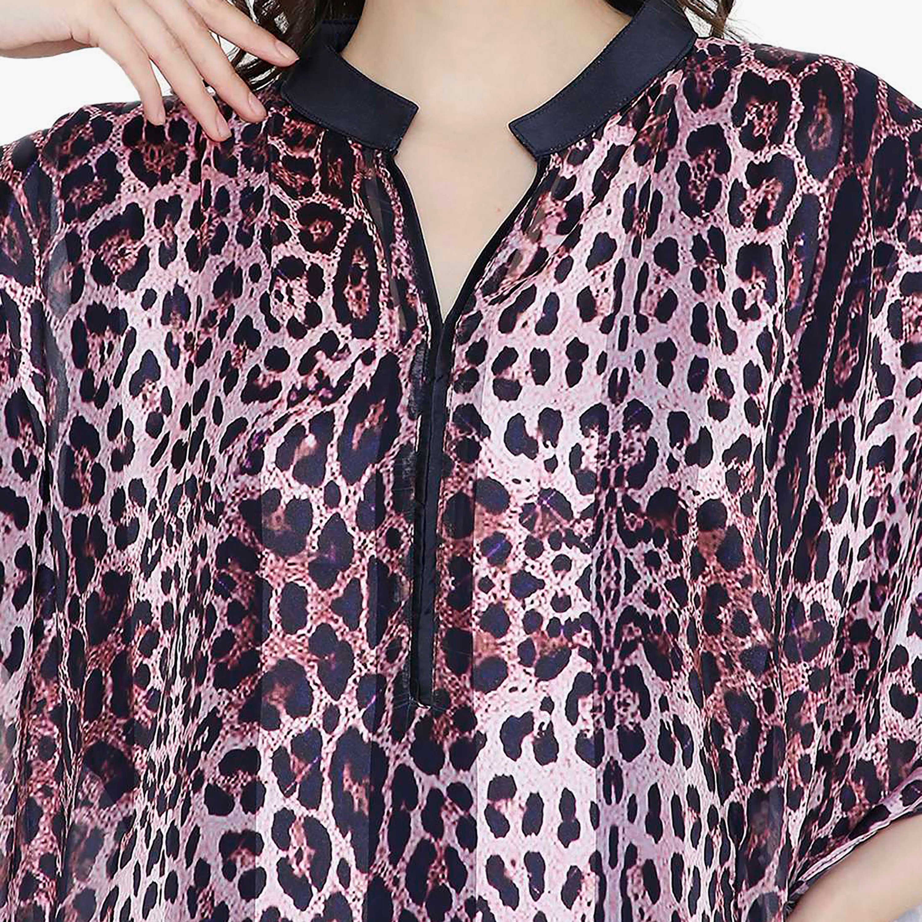 Hana & Sara Animal Print Collared Neck Flared Sleeves Women's Festive Kaftaan-women-arabicclothing-jalabiyas-image-12