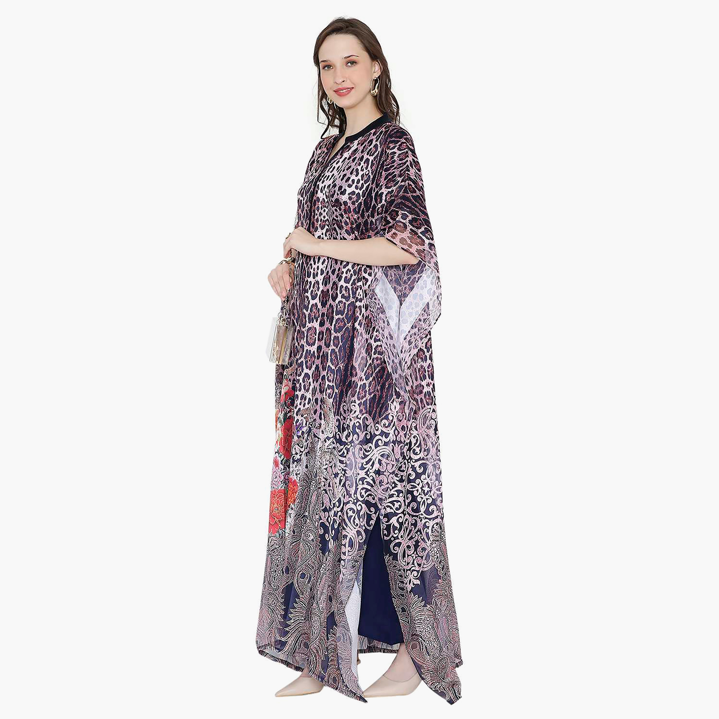 Hana & Sara Animal Print Collared Neck Flared Sleeves Women's Festive Kaftaan-women-arabicclothing-jalabiyas-image-13