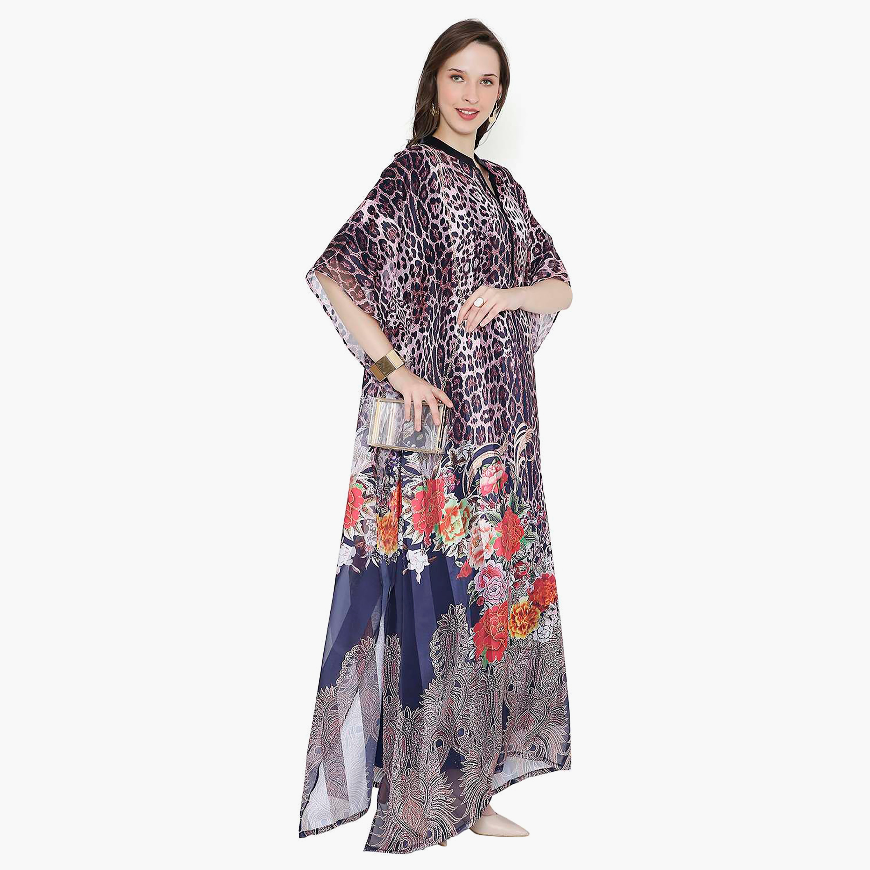 Hana & Sara Animal Print Collared Neck Flared Sleeves Women's Festive Kaftaan-women-arabicclothing-jalabiyas-image-14