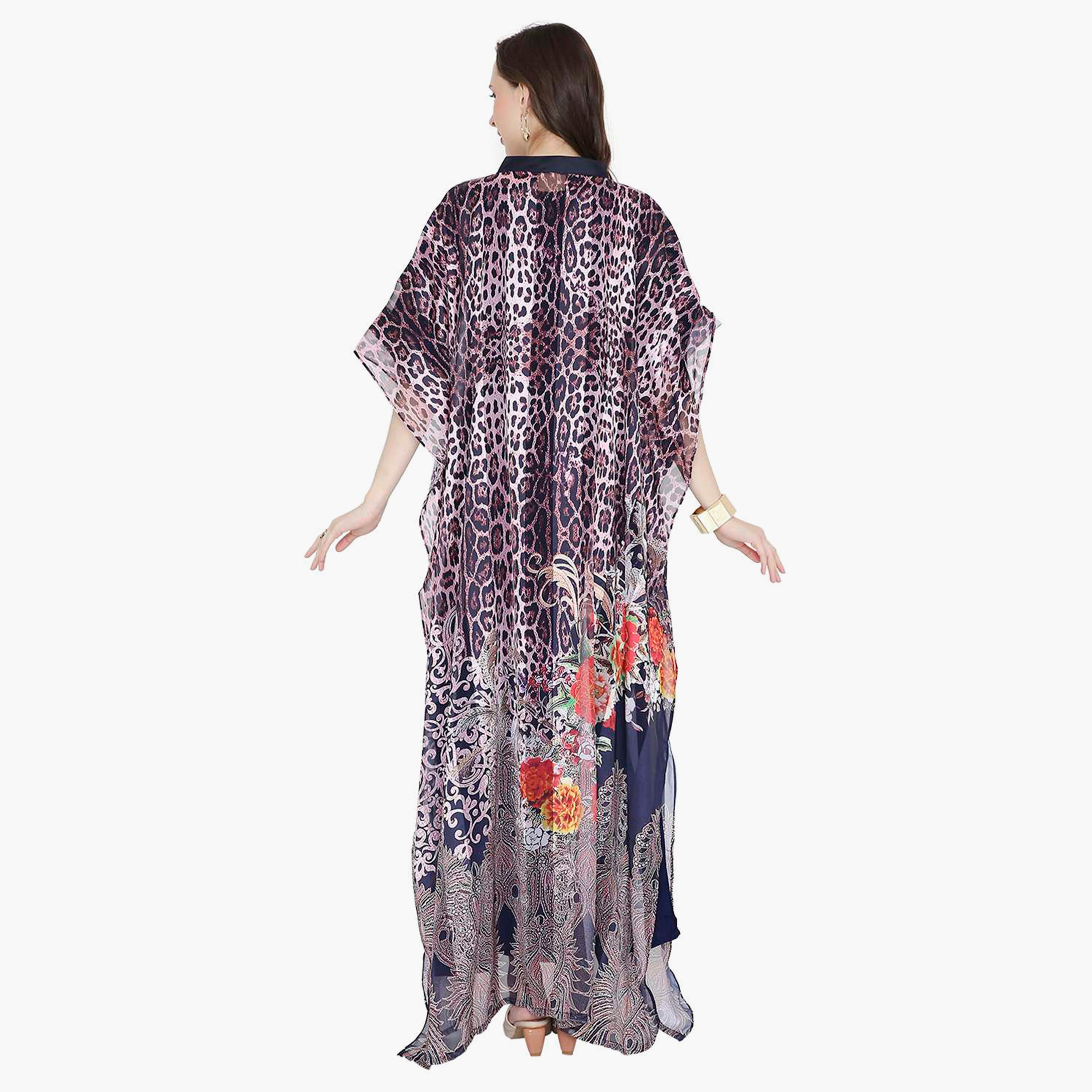 Hana & Sara Animal Print Collared Neck Flared Sleeves Women's Festive Kaftaan-women-arabicclothing-jalabiyas-image-15