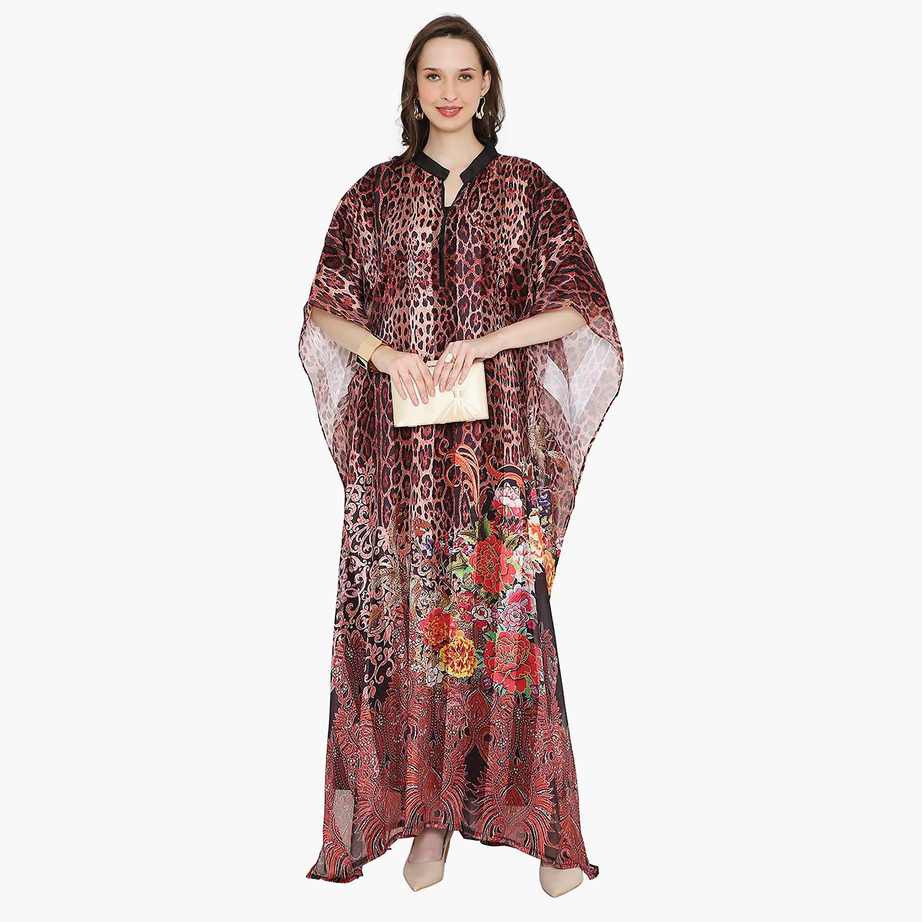 Hana & Sara Animal Print Collared Neck Flared Sleeves Women's Festive Kaftaan-women-arabicclothing-jalabiyas-image-6