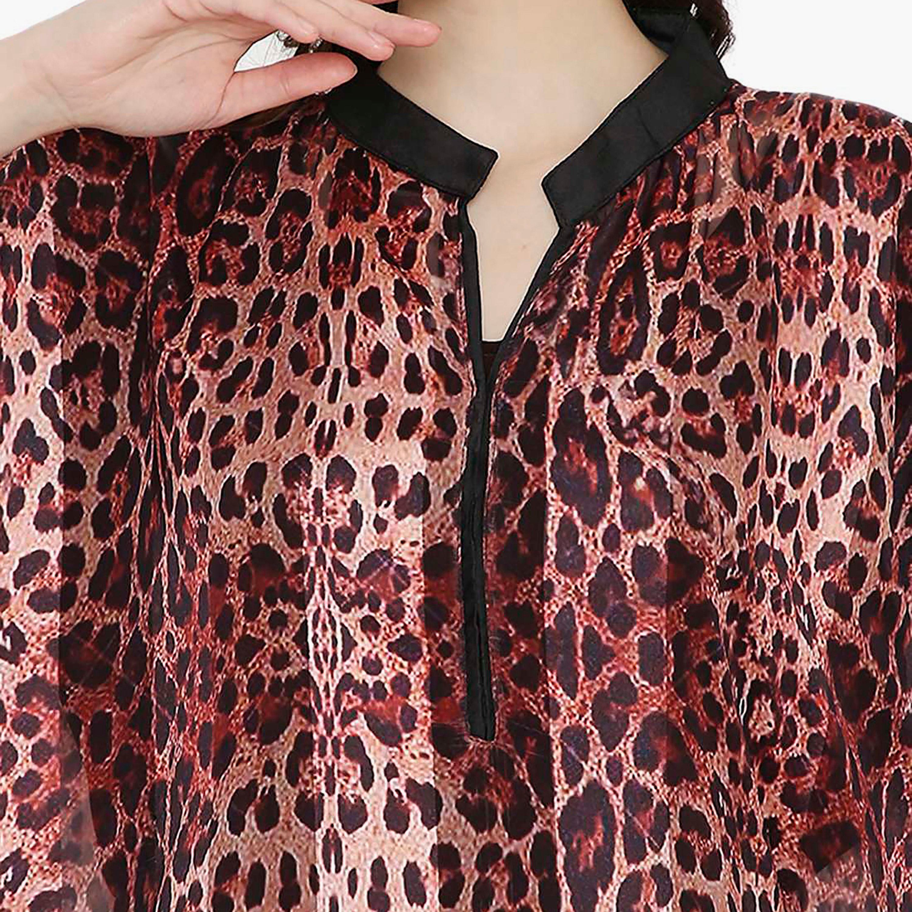 Hana & Sara Animal Print Collared Neck Flared Sleeves Women's Festive Kaftaan-women-arabicclothing-jalabiyas-image-7